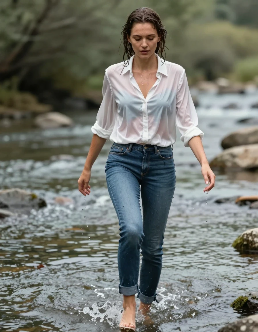 photo of young woman, in soaking wet, drenched clothes,
high-heels, blue jeans, white silk blouse, wading through the river, 
enjoying, wet clothes stuck to body,
detailed textures of the wet clothes, wet face, wet plastered hair,
wet, drenched, professional, high-quality details, full body view.
sharp focus, ultra-high pixel detail, realistic, high-quality, full colors, incredibly detailed, 4k, 8k, 16k, hyper-realistic, RAW photo, masterpiece, ultra-detailed, professionally color graded, professional photograph, completely soaked, drenched, dripping wet, wet skin, wet clothes, damp fabric