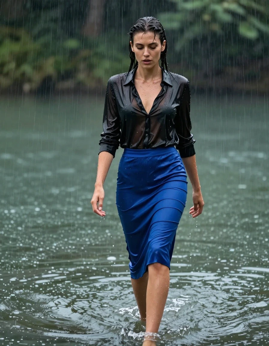 photo of young woman, in soaking wet, drenched clothes,
high-heels, blue silk slim long skirt, black silk blouse, no underwear, see-through, walking in the lake, 
enjoying, wet clothes stuck to body,
detailed textures of the wet clothes, wet face, wet plastered hair,
wet, drenched, professional, high-quality details, full body view.
sharp focus, ultra-high pixel detail, realistic, high-quality, full colors, incredibly detailed, 4k, 8k, 16k, hyper-realistic, RAW photo, masterpiece, ultra-detailed, professionally color graded, professional photograph, heavy rain, completely soaked, drenched, dripping wet, wet skin, wet clothes, damp fabric