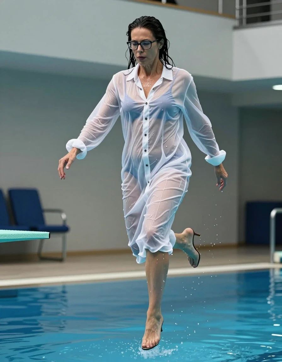 photo of young woman, in soaking wet, drenched clothes,
high-heeled shoes, light white oversized gown, buttoned-up, transparent, see-through, kein BH, light white oversized gown, buttoned-up, transparent, see-through, kein BH, jumping from the diving board into the water of the indoor pool, 
enjoying, wet clothes stuck to body,
detailed textures of the wet clothes, wet face, wet plastered hair,
wet, drenched, professional, high-quality details, full body view.
sharp focus, ultra-high pixel detail, realistic, high-quality, full colors, incredibly detailed, 4k, 8k, 16k, hyper-realistic, RAW photo, masterpiece, ultra-detailed, professionally color graded, professional photograph, europen brunette skinny woman 50 years old, long dark black hair, office glasses, very big and thick lips, complete body, wet skin, wet clothes, damp fabric, wet skin, wet clothes, damp fabric, wet skin, wet clothes, damp fabric, wet skin, wet clothes, damp fabric, wet skin, wet clothes, damp fabric, wet skin, wet clothes, damp fabric, wet skin, wet clothes, damp fabric