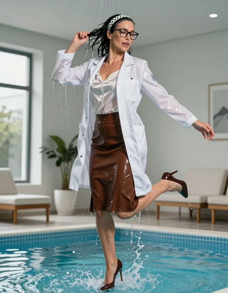 photo of young woman, in soaking wet, drenched clothes,
high-heeled shoes, midi blight brown flared skirt, maxi white shiny labcoat and white satin blouse, jumping in the sunny indoor pool, spraying his clothes with the shower, after bath, 
enjoying, wet clothes stuck to body,
detailed textures of the wet clothes, wet face, wet plastered hair,
wet, drenched, professional, high-quality details, full body view.
sharp focus, ultra-high pixel detail, realistic, high-quality, full colors, incredibly detailed, 4k, 8k, 16k, hyper-realistic, RAW photo, masterpiece, ultra-detailed, professionally color graded, professional photograph, europen brunette skinny woman 50 years old, long dark black hair, white polka-dot headband, office glasses, very big and thick lips, complete body, wet skin, wet clothes, damp fabric, wet skin, wet clothes, damp fabric, wet skin, wet clothes, damp fabric, wet skin, wet clothes, damp fabric, wet skin, wet clothes, damp fabric, wet skin, wet clothes, damp fabric, wet skin, wet clothes, damp fabric