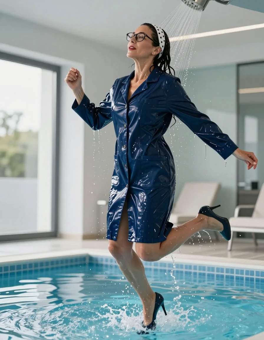 photo of young woman, in soaking wet, drenched clothes,
high-heeled shoes, maxi dark blue shiny labcoat , maxi dark blue shiny labcoat , jumping in the sunny indoor pool, spraying his clothes with the shower, after bath, 
enjoying, wet clothes stuck to body,
detailed textures of the wet clothes, wet face, wet plastered hair,
wet, drenched, professional, high-quality details, full body view.
sharp focus, ultra-high pixel detail, realistic, high-quality, full colors, incredibly detailed, 4k, 8k, 16k, hyper-realistic, RAW photo, masterpiece, ultra-detailed, professionally color graded, professional photograph, europen brunette skinny woman 50 years old, long dark black hair, white polka-dot headband, office glasses, very big and thick lips, complete body, wet skin, wet clothes, damp fabric, wet skin, wet clothes, damp fabric, wet skin, wet clothes, damp fabric, wet skin, wet clothes, damp fabric, wet skin, wet clothes, damp fabric, wet skin, wet clothes, damp fabric, wet skin, wet clothes, damp fabric