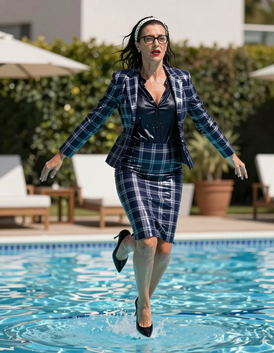 photo of young woman, in soaking wet, drenched clothes,
high-heeled shoes, pencil midi tight dark blue & white plaid shiny skirt , tailored ldark blue & white plaid shiny jacket and black satin blouse, jumping in sunny swimming pool, 
enjoying, wet clothes stuck to body,
detailed textures of the wet clothes, wet face, wet plastered hair,
wet, drenched, professional, high-quality details, full body view.
sharp focus, ultra-high pixel detail, realistic, high-quality, full colors, incredibly detailed, 4k, 8k, 16k, hyper-realistic, RAW photo, masterpiece, ultra-detailed, professionally color graded, professional photograph, europen brunette skinny woman 50 years old, long dark black hair, white polka-dot headband, office glasses, very big and thick lips, complete body, wet skin, wet clothes, damp fabric, wet skin, wet clothes, damp fabric, wet skin, wet clothes, damp fabric, wet skin, wet clothes, damp fabric, wet skin, wet clothes, damp fabric, wet skin, wet clothes, damp fabric, wet skin, wet clothes, damp fabric