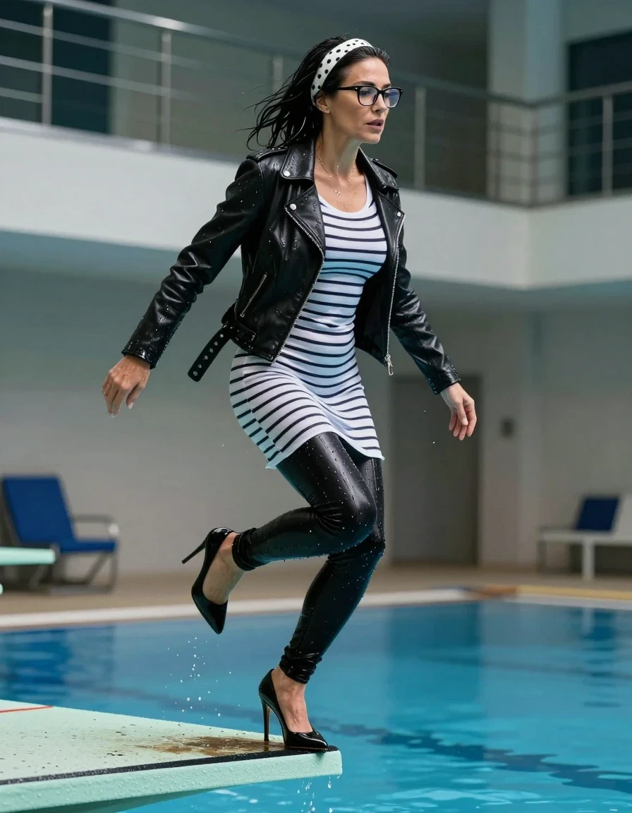 photo of young woman, in soaking wet, drenched clothes,
high-heeled shoes, long black shiny tight jeans, long shiny white & black striped t-shirt dress with long sleeves, black byker leather jacket, jumping from the diving board into the water of the indoor pool, 
enjoying, wet clothes stuck to body,
detailed textures of the wet clothes, wet face, wet plastered hair,
wet, drenched, professional, high-quality details, full body view.
sharp focus, ultra-high pixel detail, realistic, high-quality, full colors, incredibly detailed, 4k, 8k, 16k, hyper-realistic, RAW photo, masterpiece, ultra-detailed, professionally color graded, professional photograph, europen brunette skinny woman 50 years old, long dark black hair, white polka-dot headband, office glasses, very big and thick lips, complete body, wet skin, wet clothes, damp fabric, wet skin, wet clothes, damp fabric, wet skin, wet clothes, damp fabric, wet skin, wet clothes, damp fabric, wet skin, wet clothes, damp fabric, wet skin, wet clothes, damp fabric, wet skin, wet clothes, damp fabric