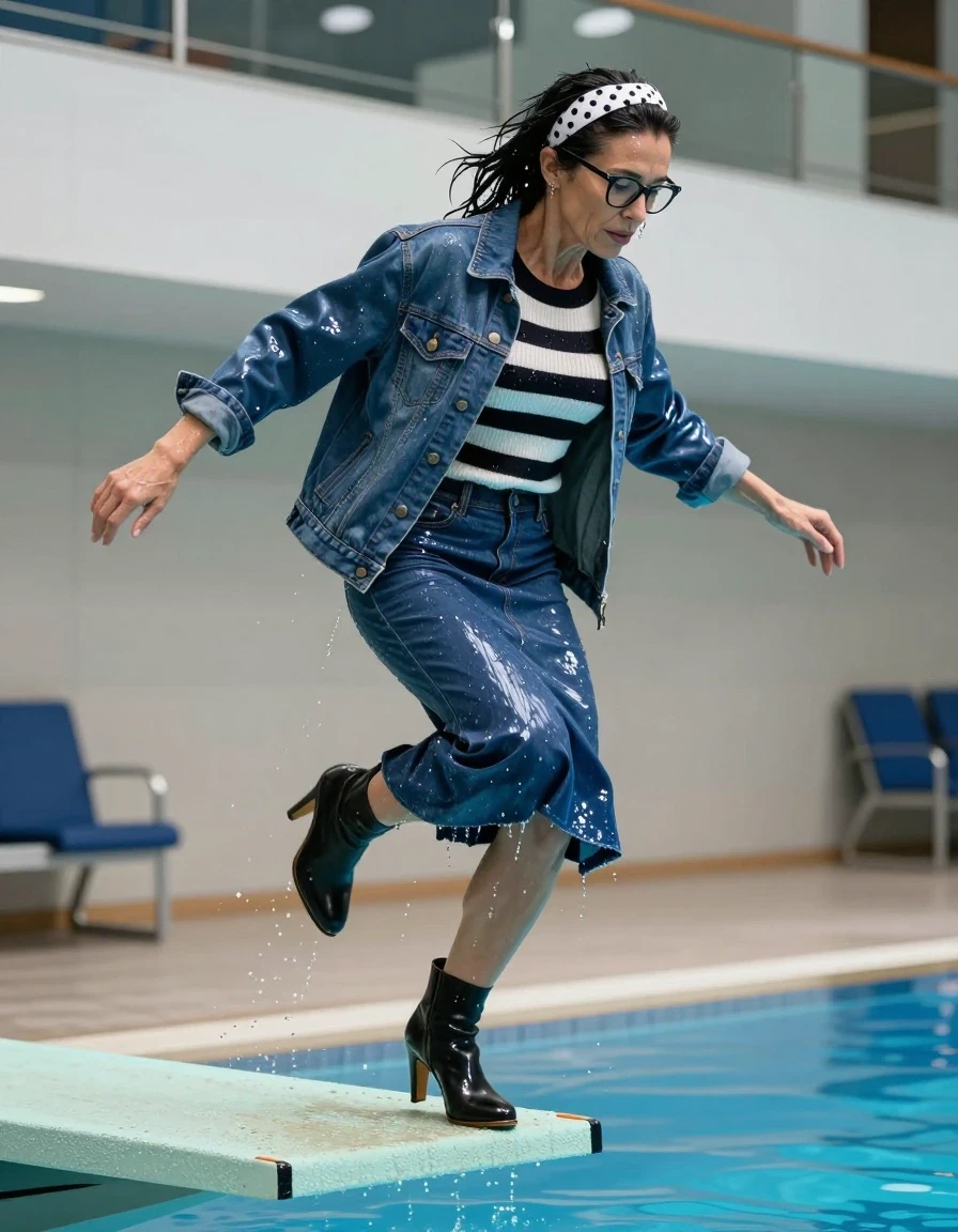 photo of young woman, in soaking wet, drenched clothes,
high-heeled boots, midi blue shiny flared denim skirt, long black & white striped shiny sweater, maxi blue shiny denim jacker, jumping from the diving board into the water of the indoor pool, 
enjoying, wet clothes stuck to body,
detailed textures of the wet clothes, wet face, wet plastered hair,
wet, drenched, professional, high-quality details, full body view.
sharp focus, ultra-high pixel detail, realistic, high-quality, full colors, incredibly detailed, 4k, 8k, 16k, hyper-realistic, RAW photo, masterpiece, ultra-detailed, professionally color graded, professional photograph, europen brunette skinny woman 50 years old, long dark black hair, white polka-dot headband, office glasses, very big and thick lips, complete body, wet skin, wet clothes, damp fabric, wet skin, wet clothes, damp fabric, wet skin, wet clothes, damp fabric, wet skin, wet clothes, damp fabric, wet skin, wet clothes, damp fabric, wet skin, wet clothes, damp fabric, wet skin, wet clothes, damp fabric