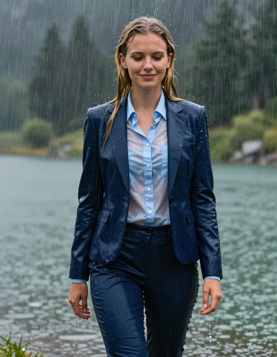 Full body shot of a young European woman with long layered blonde hair and a side parting, standing in a mountain lake during a heavy rainstorm. She is wearing a dark blue business suit jacket over a light blue button-down long-sleeve shirt with a popped-up collar, paired with dark blue business suit trousers. The clothing is completely soaked, drenched, and clinging to her body, with the light blue shirt becoming translucent from the heavy rain. Her skin is glistening with water, and her hair is wet and slicked down. She is smiling softly with open eyes, showering under the intense rain. The scene is set in a dramatic mountain lake environment with a visible rainstorm. High-resolution photographic style, extreme detail on damp fabric texture, deep saturation in the soaked suit material, realistic water sheen on skin and clothes, cinematic lighting, 4k, photorealistic.