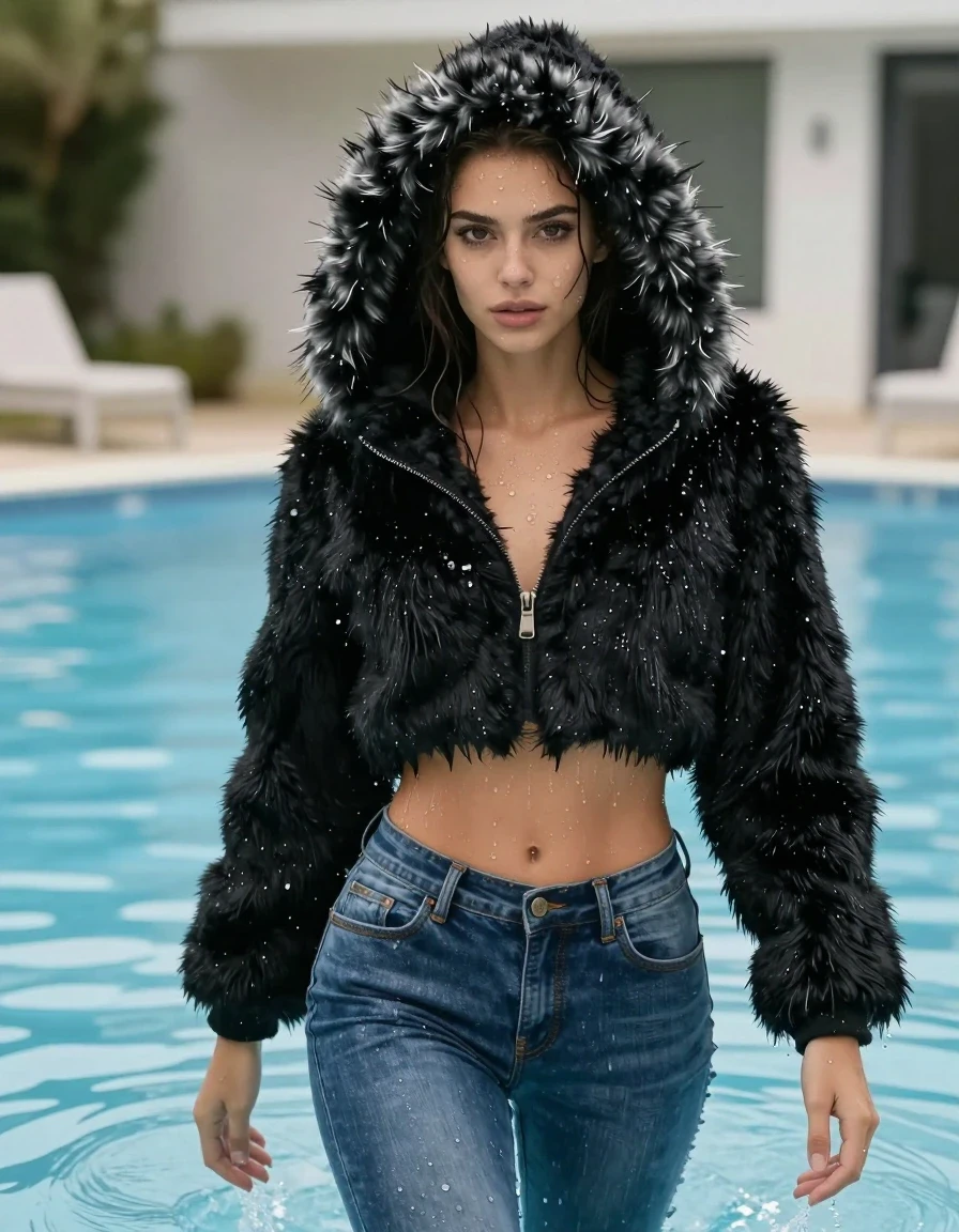 photo of young woman, in soaking wet, drenched clothes,
Uggs, Jeans, Cropped black fur  coat with fur hood, Swimmingpool, 
enjoying, wet clothes stuck to body,
detailed textures of the wet clothes, wet face, wet plastered hair,
wet, drenched, professional, high-quality details, full body view.
sharp focus, ultra-high pixel detail, realistic, high-quality, full colors, incredibly detailed, 4k, 8k, 16k, hyper-realistic, RAW photo, masterpiece, ultra-detailed, professionally color graded, professional photograph, Wearing the hood up, wet skin, wet clothes, damp fabric