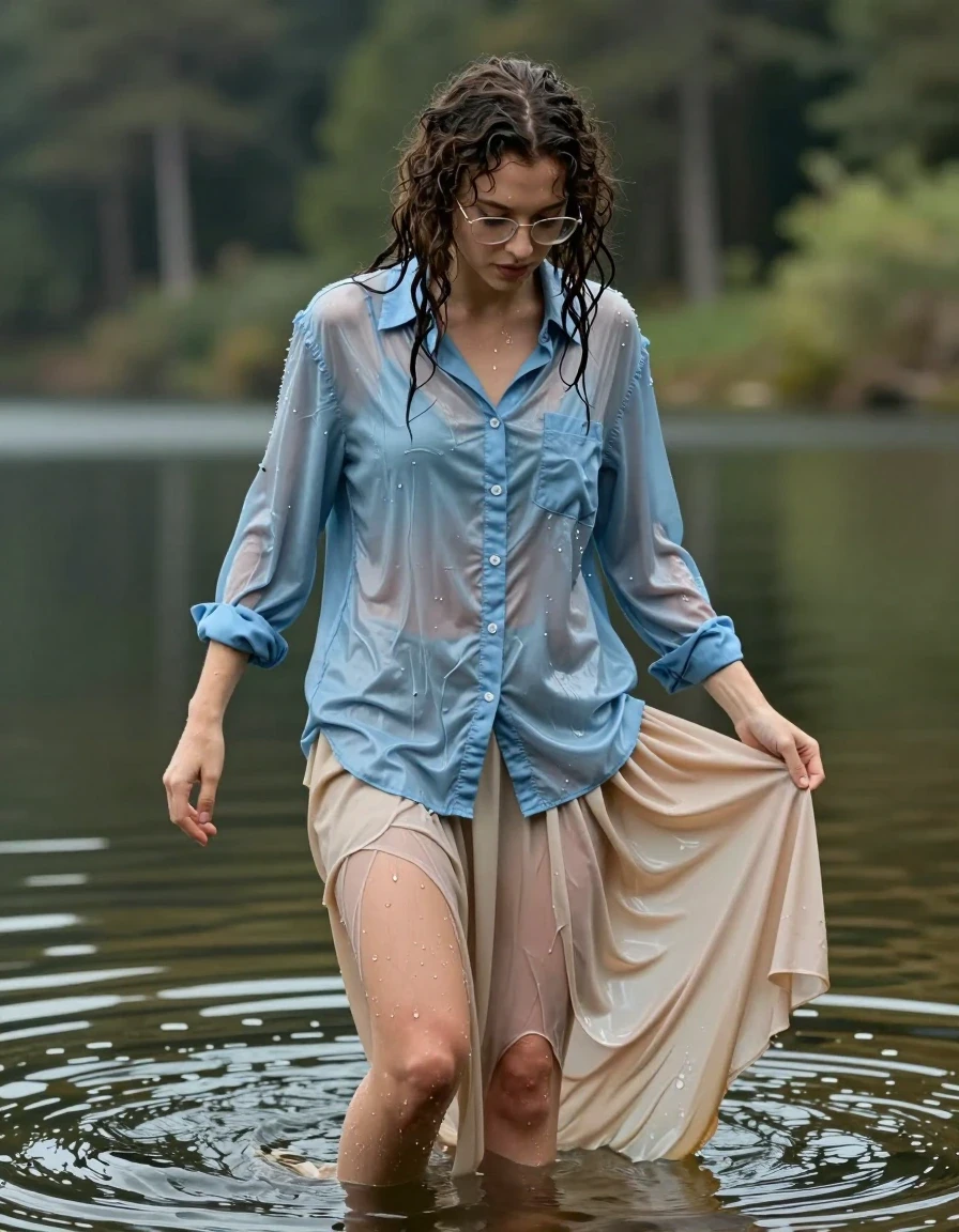 photo of young woman, in soaking wet, drenched clothes,
court shoes, beige floor-length excessively long skirt, nylon oversized long-sleeved buttoned-down light blue shirt, forest lake, 
enjoying, wet clothes stuck to body,
detailed textures of the wet clothes, wet face, wet plastered hair,
wet, drenched, professional, high-quality details, full body view.
sharp focus, ultra-high pixel detail, realistic, high-quality, full colors, incredibly detailed, 4k, 8k, 16k, hyper-realistic, RAW photo, masterpiece, ultra-detailed, professionally color graded, professional photograph, brunette european curly hair with glasses, submerging herself in the water, wet skin, wet clothes, damp fabric