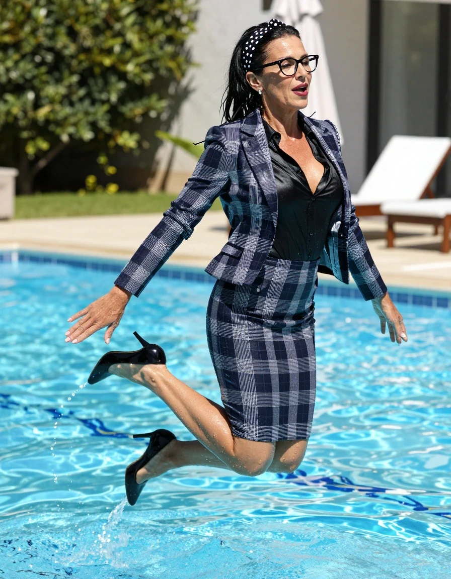 photo of young woman, in soaking wet, drenched clothes,
high-heeled shoes, pencil midi tight dark blue & white plaid shiny skirt , tailored ldark blue & white plaid shiny jacket and black satin blouse, jumping in sunny swimming pool, 
enjoying, wet clothes stuck to body,
detailed textures of the wet clothes, wet face, wet plastered hair,
wet, drenched, professional, high-quality details, full body view.
sharp focus, ultra-high pixel detail, realistic, high-quality, full colors, incredibly detailed, 4k, 8k, 16k, hyper-realistic, RAW photo, masterpiece, ultra-detailed, professionally color graded, professional photograph, europen brunette skinny woman 50 years old, long dark black hair, white polka-dot headband, office glasses, very big and thick lips, complete body, wet skin, wet clothes, damp fabric, wet skin, wet clothes, damp fabric, wet skin, wet clothes, damp fabric, wet skin, wet clothes, damp fabric, wet skin, wet clothes, damp fabric, wet skin, wet clothes, damp fabric, wet skin, wet clothes, damp fabric