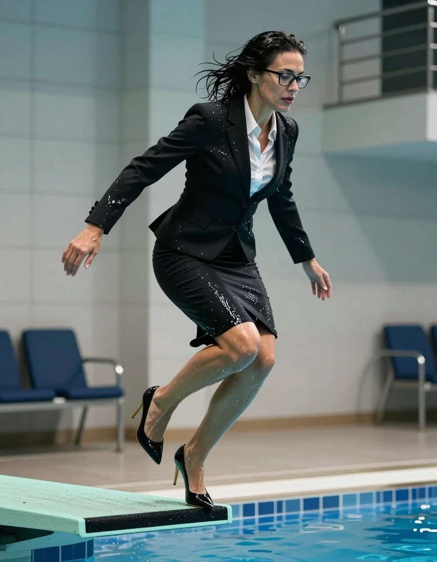 photo of young woman, in soaking wet, drenched clothes,
high-heeled shoes, pencil midi black skirt, tailored black jacket and white blouse, jumping from the diving board into the water of the indoor pool, 
enjoying, wet clothes stuck to body,
detailed textures of the wet clothes, wet face, wet plastered hair,
wet, drenched, professional, high-quality details, full body view.
sharp focus, ultra-high pixel detail, realistic, high-quality, full colors, incredibly detailed, 4k, 8k, 16k, hyper-realistic, RAW photo, masterpiece, ultra-detailed, professionally color graded, professional photograph, europen brunette skinny woman 50 years old, long dark black hair, office glasses, very big and thick lips, complete body, wet skin, wet clothes, damp fabric, wet skin, wet clothes, damp fabric, wet skin, wet clothes, damp fabric, wet skin, wet clothes, damp fabric, wet skin, wet clothes, damp fabric, wet skin, wet clothes, damp fabric, wet skin, wet clothes, damp fabric