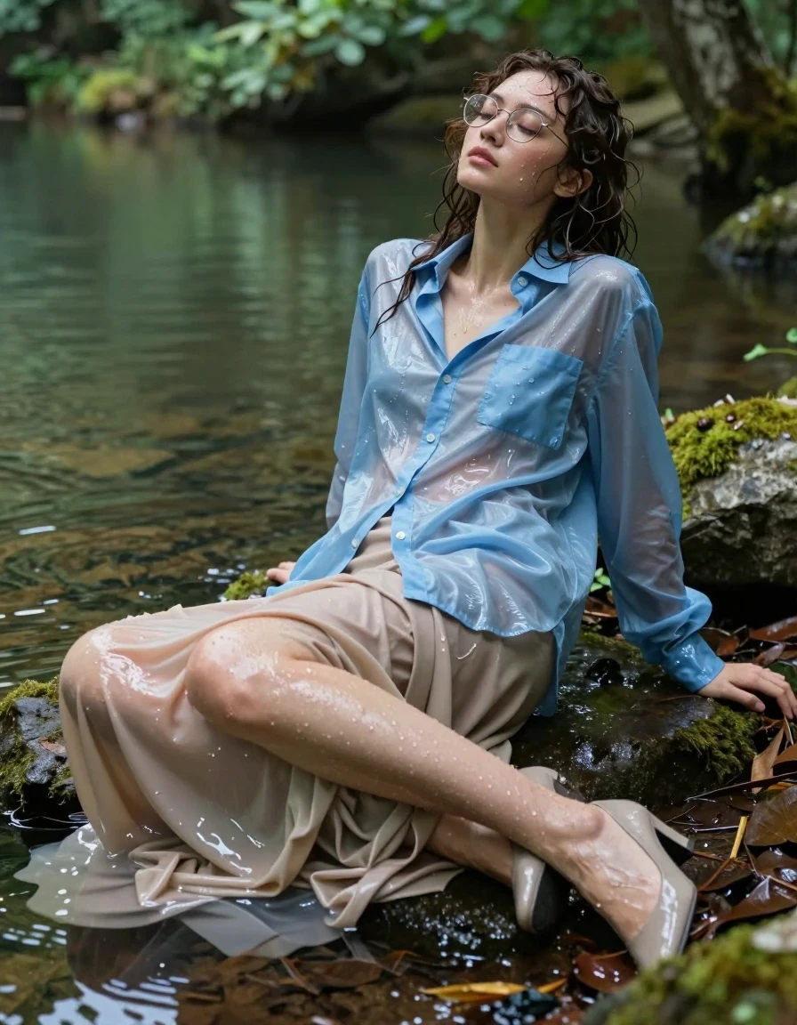 A stunning young European woman with curly brunette hair and stylish glasses, captured in a post-orgasmic state with a flushed, serene expression. She is lying by a tranquil forest lake, her body and clothing drenched and glistening with water. She wears an oversized, long-sleeved light blue buttoned-down shirt, unbuttoned to reveal wet skin, with the fabric soaking-wet, clinging to her torso, and turning a deep, translucent sky blue with heavy, water-laden folds and high-gloss specular reflections. Below, she wears a beige floor-length, excessively long skirt that is completely water-saturated, heavy, and draped in dense, wet folds against the damp forest floor. On her feet are sleek court shoes, slick with lake water and reflecting the ambient light. The scene is photorealistic, with wet hair strands clinging to her face and shoulders, and a brilliant, glistening sheen on her skin. The environment features lush forest greenery, mossy rocks, and the reflective, rippling surface of the lake at the edge of the frame. Soft, diffused natural lighting enhances the high-contrast wet textures, captured with sharp focus, 8k resolution, and cinematic depth of field.