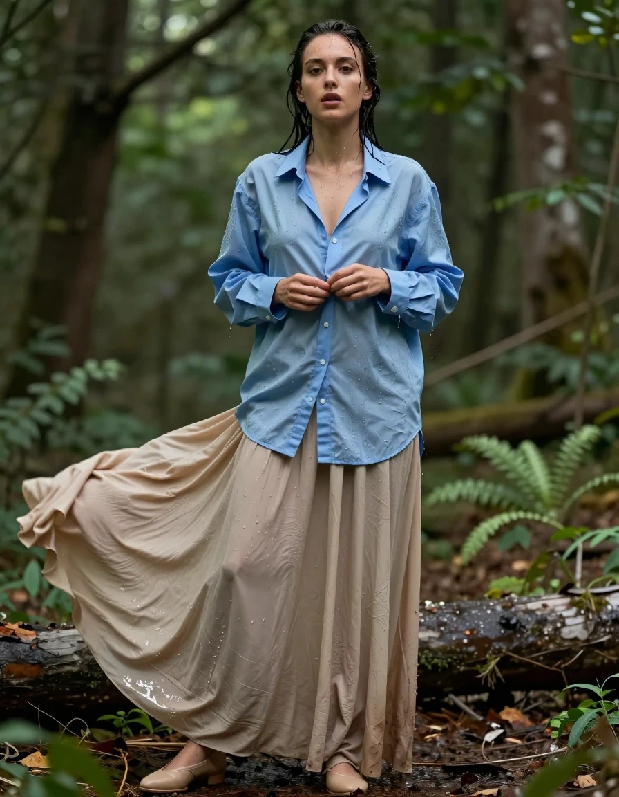 photo of young woman, in soaking wet, drenched clothes,
court shoes, beige floor-length excessively long skirt, oversized long-sleeved buttoned-down light blue shirt, forest, 
enjoying, wet clothes stuck to body,
detailed textures of the wet clothes, wet face, wet plastered hair,
wet, drenched, professional, high-quality details, full body view.
sharp focus, ultra-high pixel detail, realistic, high-quality, full colors, incredibly detailed, 4k, 8k, 16k, hyper-realistic, RAW photo, masterpiece, ultra-detailed, professionally color graded, professional photograph, buttons her shirt erotically, wet skin, wet clothes, damp fabric
