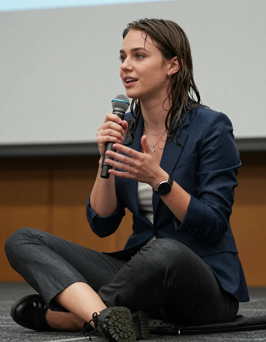 photo of young woman, in soaking wet, drenched clothes,
Shoes , Office trousers or skirt, Jacket, Speech in conference, 
enjoying, wet clothes stuck to body,
detailed textures of the wet clothes, wet face, wet plastered hair,
wet, drenched, professional, high-quality details, full body view.
sharp focus, ultra-high pixel detail, realistic, high-quality, full colors, incredibly detailed, 4k, 8k, 16k, hyper-realistic, RAW photo, masterpiece, ultra-detailed, professionally color graded, professional photograph, Teenager smiling., wet skin, wet clothes, damp fabric