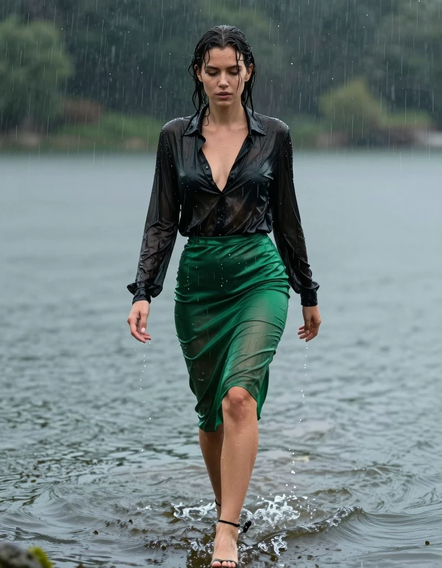 photo of young woman, in soaking wet, drenched clothes,
high-heels, see-through green satin silk slim floor-length skirt, tranparent, black silk blouse, no underwear, walking in the lake, 
enjoying, wet clothes stuck to body,
detailed textures of the wet clothes, wet face, wet plastered hair,
wet, drenched, professional, high-quality details, full body view.
sharp focus, ultra-high pixel detail, realistic, high-quality, full colors, incredibly detailed, 4k, 8k, 16k, hyper-realistic, RAW photo, masterpiece, ultra-detailed, professionally color graded, professional photograph, heavy rain, completely soaked, drenched, dripping wet, wet skin, wet clothes, damp fabric