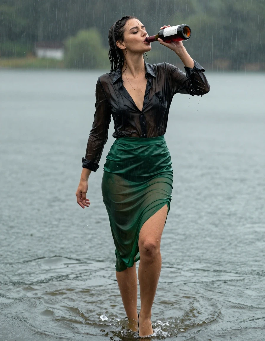 photo of young woman, in soaking wet, drenched clothes,
high-heels, see-through green satin silk slim floor-length skirt, tranparent, black silk blouse, no underwear, walking in the lake, 
enjoying, wet clothes stuck to body,
detailed textures of the wet clothes, wet face, wet plastered hair,
wet, drenched, professional, high-quality details, full body view.
sharp focus, ultra-high pixel detail, realistic, high-quality, full colors, incredibly detailed, 4k, 8k, 16k, hyper-realistic, RAW photo, masterpiece, ultra-detailed, professionally color graded, professional photograph, heavy rain, completely soaked, drenched, dripping wet, drinking a bottle of red wine, wet skin, wet clothes, damp fabric