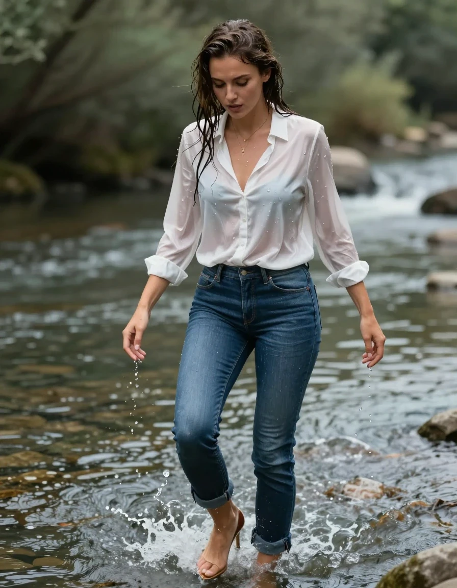 photo of young woman, in soaking wet, drenched clothes,
high-heels, blue jeans, white silk blouse, wading through the river, 
enjoying, wet clothes stuck to body,
detailed textures of the wet clothes, wet face, wet plastered hair,
wet, drenched, professional, high-quality details, full body view.
sharp focus, ultra-high pixel detail, realistic, high-quality, full colors, incredibly detailed, 4k, 8k, 16k, hyper-realistic, RAW photo, masterpiece, ultra-detailed, professionally color graded, professional photograph, completely soaked, drenched, wet skin, wet clothes, damp fabric