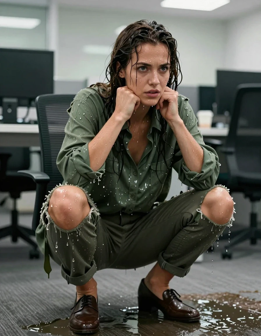 photo of young woman, in soaking wet, drenched clothes,
Shoes, Ripped office trousers, Ripped green office shirt, Meeting at office, 
enjoying, wet clothes stuck to body,
detailed textures of the wet clothes, wet face, wet plastered hair,
wet, drenched, professional, high-quality details, full body view.
sharp focus, ultra-high pixel detail, realistic, high-quality, full colors, incredibly detailed, 4k, 8k, 16k, hyper-realistic, RAW photo, masterpiece, ultra-detailed, professionally color graded, professional photograph, Covered with slime, wet skin, wet clothes, damp fabric