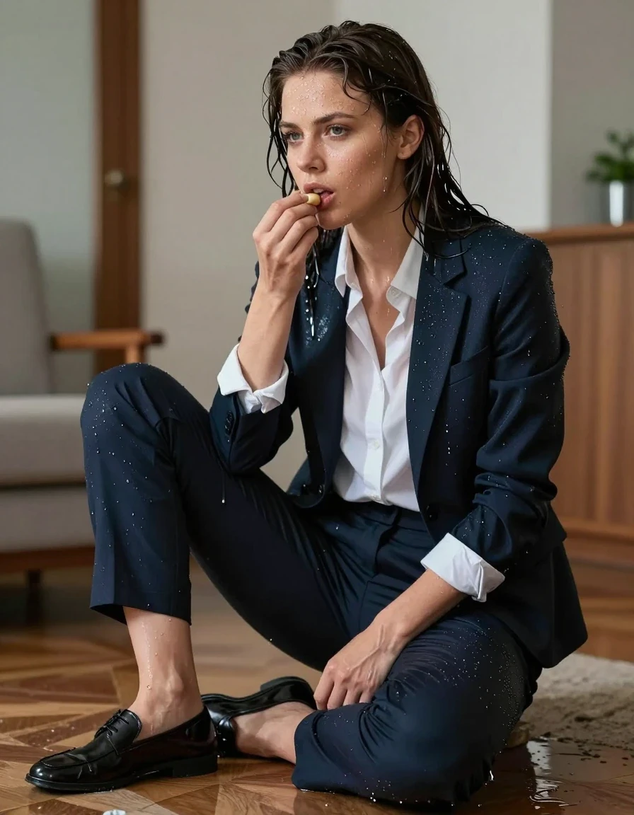 photo of young woman, in soaking wet, drenched clothes,
Shoes, Office trousers or skirt, Office shirt and jacket, Dinner at home, 
enjoying, wet clothes stuck to body,
detailed textures of the wet clothes, wet face, wet plastered hair,
wet, drenched, professional, high-quality details, full body view.
sharp focus, ultra-high pixel detail, realistic, high-quality, full colors, incredibly detailed, 4k, 8k, 16k, hyper-realistic, RAW photo, masterpiece, ultra-detailed, professionally color graded, professional photograph, Having sex with one boy, wet skin, wet clothes, damp fabric