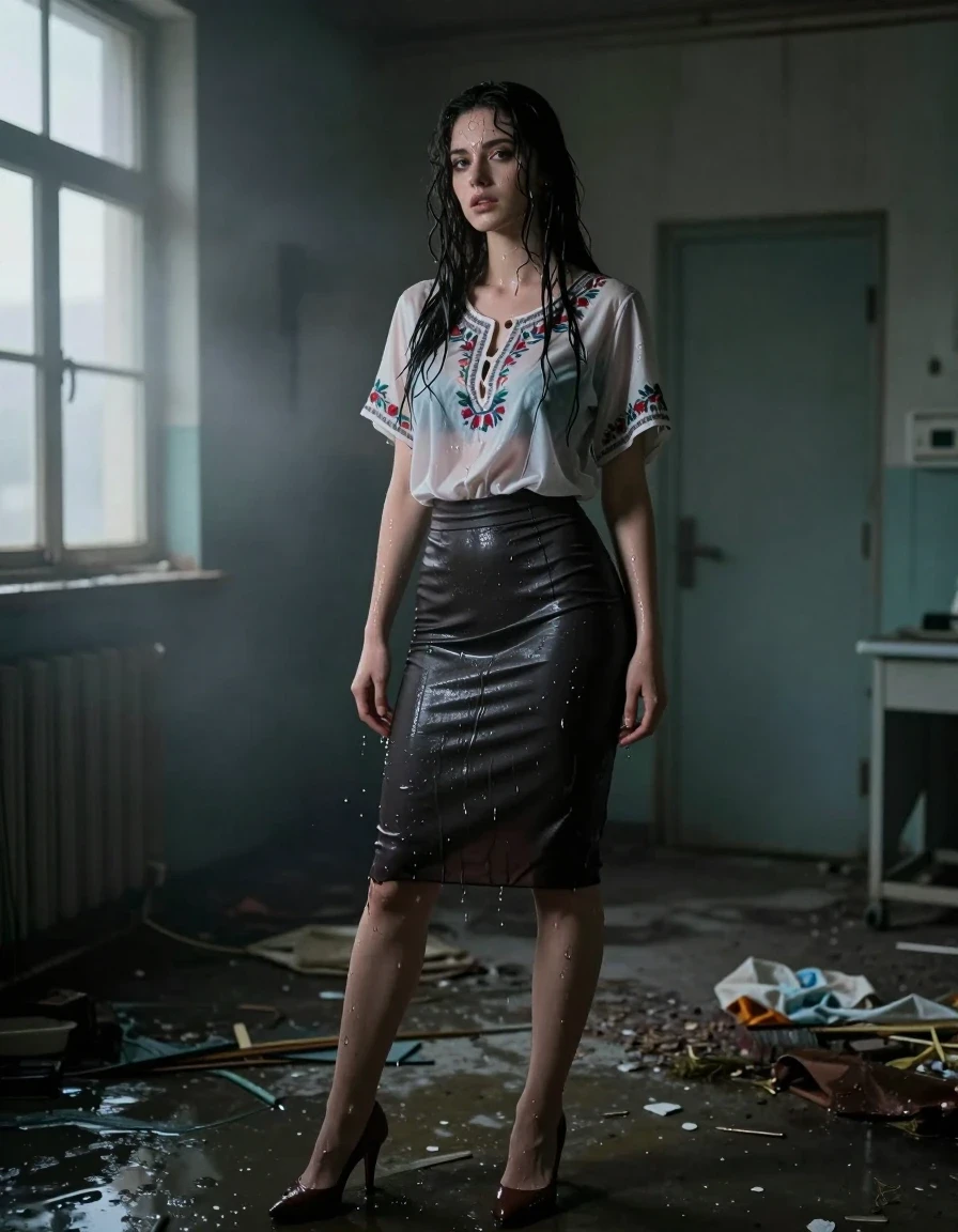 photo of young woman, in soaking wet, drenched clothes,
heels, Tight polyester skirt, Embroidery blouse, Inside dark abandoned western hospital , 
enjoying, wet clothes stuck to body,
detailed textures of the wet clothes, wet face, wet plastered hair,
wet, drenched, professional, high-quality details, full body view.
sharp focus, ultra-high pixel detail, realistic, high-quality, full colors, incredibly detailed, 4k, 8k, 16k, hyper-realistic, RAW photo, masterpiece, ultra-detailed, professionally color graded, professional photograph, Wavy medium straight hair, seducing pose, night, pitch dark, thick fog from window rays, wet skin, wet clothes, damp fabric, seducing another European women, wet skin, wet clothes, damp fabric