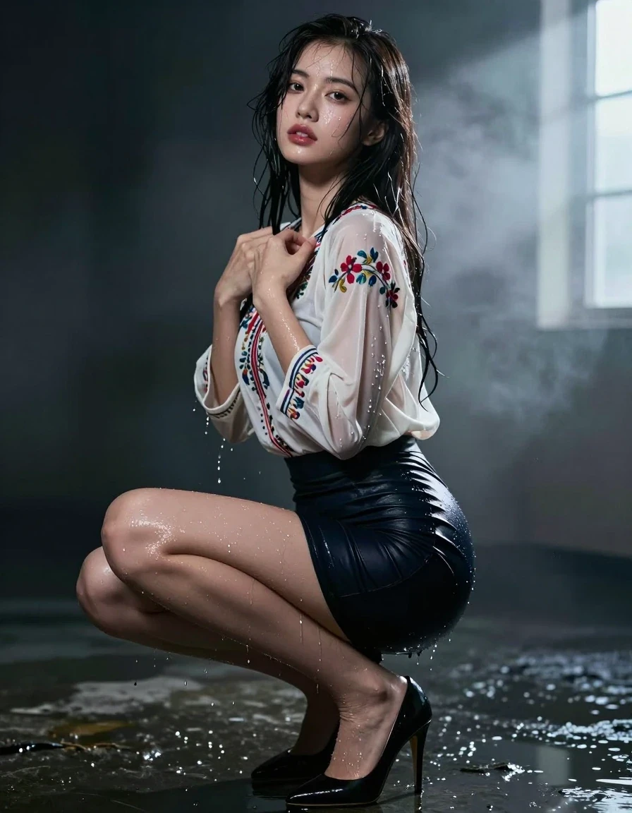 photo of young woman, in soaking wet, drenched clothes,
heels, Tight polyester skirt, Embroidery blouse, Inside dark , 
enjoying, wet clothes stuck to body,
detailed textures of the wet clothes, wet face, wet plastered hair,
wet, drenched, professional, high-quality details, full body view.
sharp focus, ultra-high pixel detail, realistic, high-quality, full colors, incredibly detailed, 4k, 8k, 16k, hyper-realistic, RAW photo, masterpiece, ultra-detailed, professionally color graded, professional photograph, Wavy medium straight hair, seducing pose, night, pitch dark, thick fog from window rays, wet skin, wet clothes, damp fabric, seducing another European women, wet skin, wet clothes, damp fabric