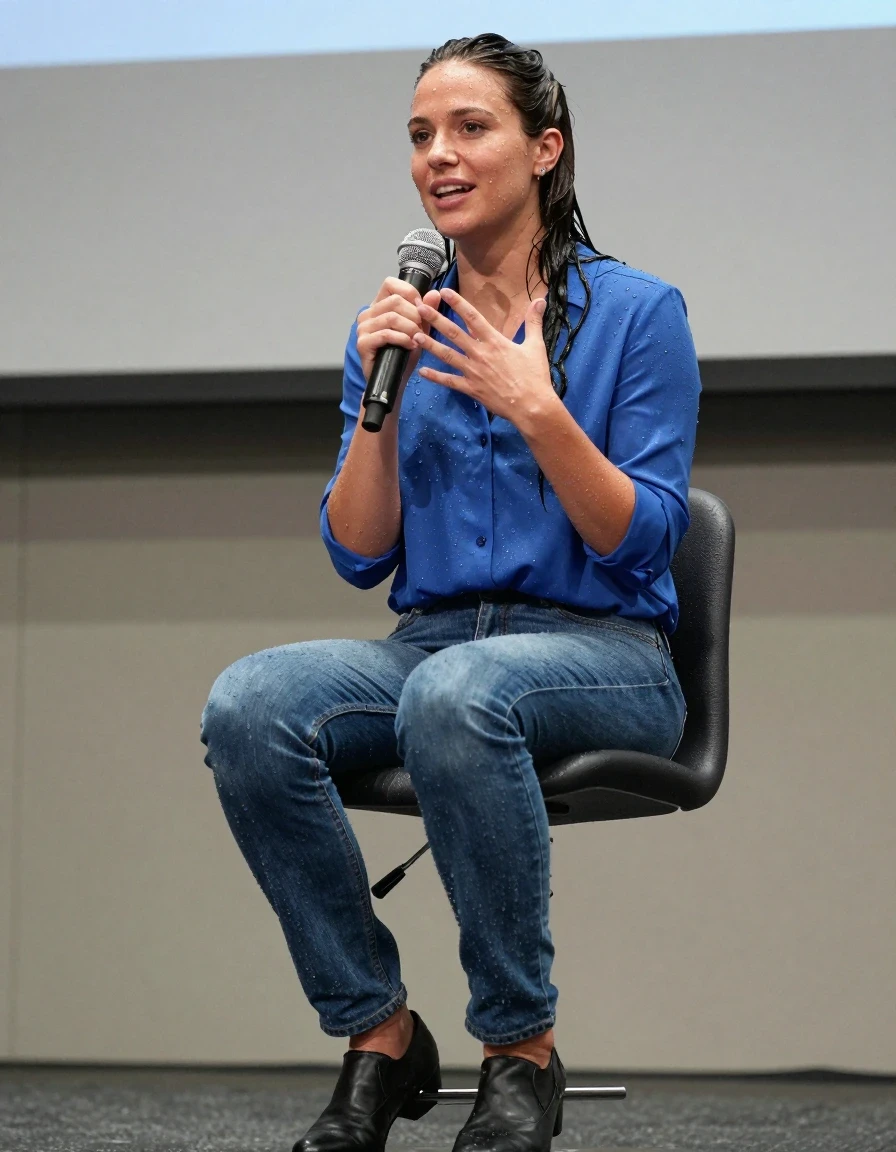 photo of young woman, in soaking wet, drenched clothes,
Shoes , Blue jeans, Blue blouse, Speech in conference, 
enjoying, wet clothes stuck to body,
detailed textures of the wet clothes, wet face, wet plastered hair,
wet, drenched, professional, high-quality details, full body view.
sharp focus, ultra-high pixel detail, realistic, high-quality, full colors, incredibly detailed, 4k, 8k, 16k, hyper-realistic, RAW photo, masterpiece, ultra-detailed, professionally color graded, professional photograph, Smiling, wet skin, wet clothes, damp fabric