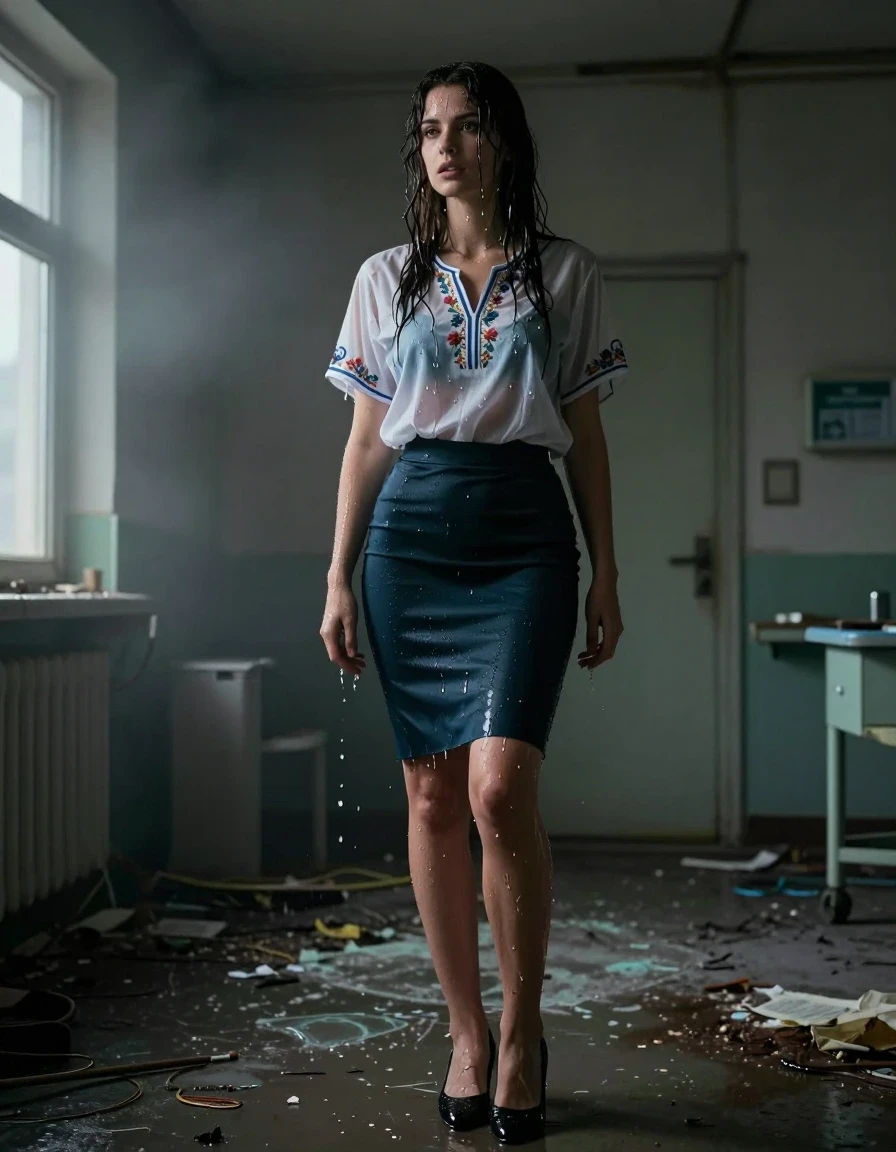 photo of young woman, in soaking wet, drenched clothes,
heels, Tight polyester skirt, Embroidery blouse, Inside dark abandoned western hospital , 
enjoying, wet clothes stuck to body,
detailed textures of the wet clothes, wet face, wet plastered hair,
wet, drenched, professional, high-quality details, full body view.
sharp focus, ultra-high pixel detail, realistic, high-quality, full colors, incredibly detailed, 4k, 8k, 16k, hyper-realistic, RAW photo, masterpiece, ultra-detailed, professionally color graded, professional photograph, Wavy medium straight hair, seducing pose, night, pitch dark, thick fog from window rays, wet skin, wet clothes, damp fabric, wet skin, wet clothes, damp fabric