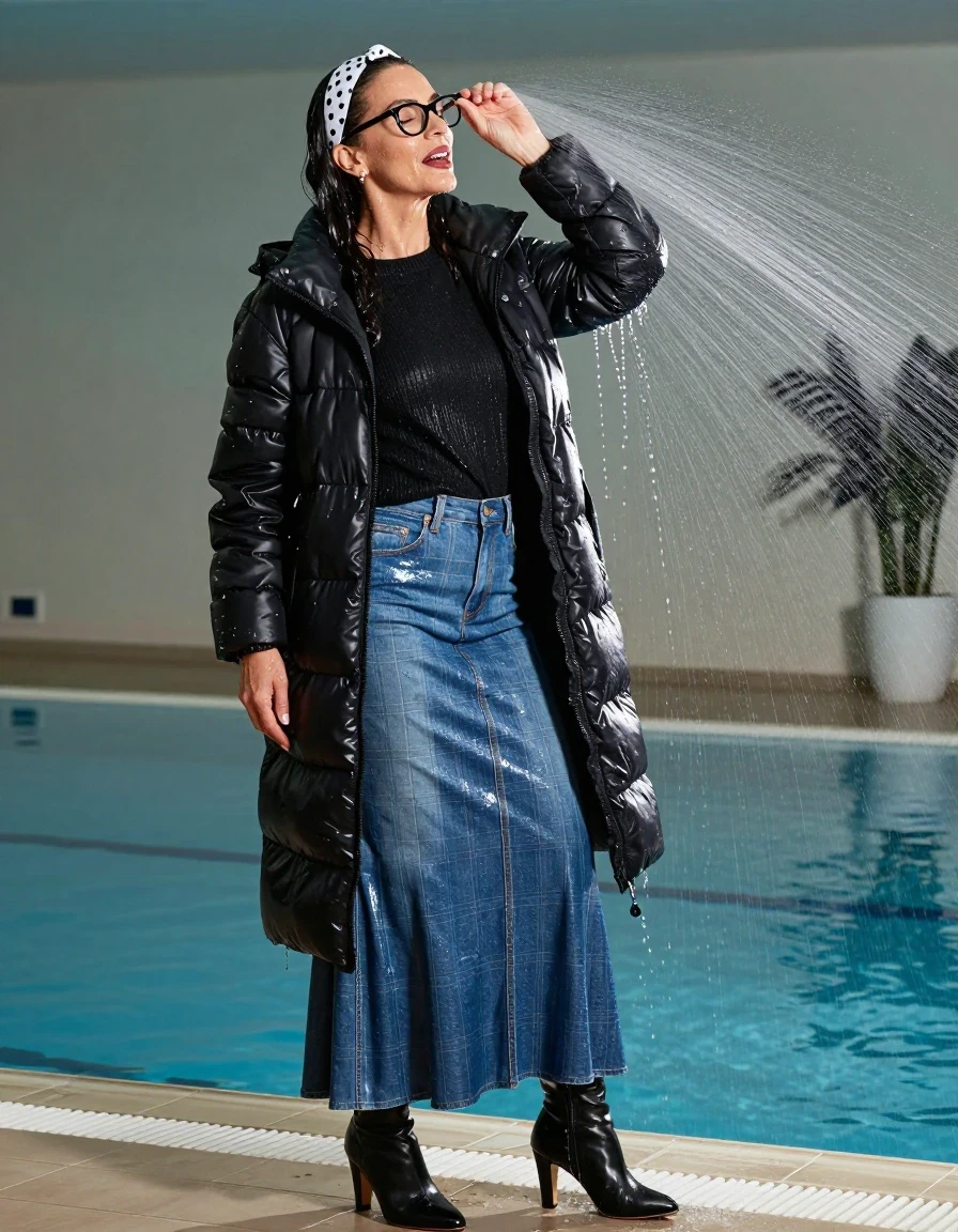 photo of young woman, in soaking wet, drenched clothes,
high-heeled boots, maxi blue shiny flared plaid denim skirt, long black shiny sweater,  maxi black down jacket, after bath in indoor swiming pool, spraying his clothes with the shower, after bath, 
enjoying, wet clothes stuck to body,
detailed textures of the wet clothes, wet face, wet plastered hair,
wet, drenched, professional, high-quality details, full body view.
sharp focus, ultra-high pixel detail, realistic, high-quality, full colors, incredibly detailed, 4k, 8k, 16k, hyper-realistic, RAW photo, masterpiece, ultra-detailed, professionally color graded, professional photograph, europen brunette skinny woman 50 years old, long dark black hair, white polka-dot headband, office glasses, very big and thick lips, complete body, wet skin, wet clothes, damp fabric, wet skin, wet clothes, damp fabric, wet skin, wet clothes, damp fabric, wet skin, wet clothes, damp fabric, wet skin, wet clothes, damp fabric, wet skin, wet clothes, damp fabric, wet skin, wet clothes, damp fabric