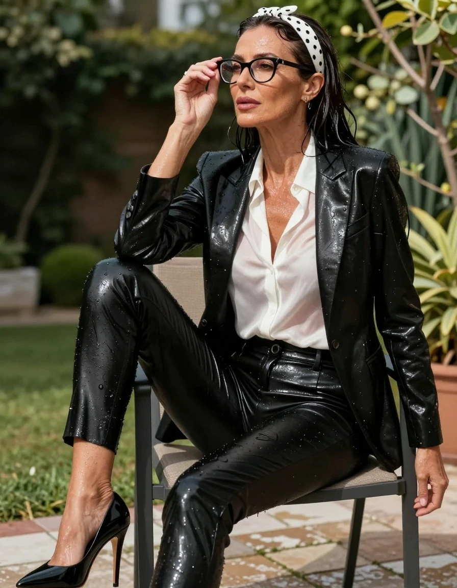 photo of young woman, in soaking wet, drenched clothes,
high-heeled shoes, long tight black shiny trousers, tailored black shiny jacket and white satin blouse, on tha chair, after bath in sunny garden, 
enjoying, wet clothes stuck to body,
detailed textures of the wet clothes, wet face, wet plastered hair,
wet, drenched, professional, high-quality details, full body view.
sharp focus, ultra-high pixel detail, realistic, high-quality, full colors, incredibly detailed, 4k, 8k, 16k, hyper-realistic, RAW photo, masterpiece, ultra-detailed, professionally color graded, professional photograph, europen brunette skinny woman 50 years old, long dark black hair, white polka-dot headband, office glasses, very big and thick lips, complete body, wet skin, wet clothes, damp fabric, wet skin, wet clothes, damp fabric, wet skin, wet clothes, damp fabric, wet skin, wet clothes, damp fabric, wet skin, wet clothes, damp fabric, wet skin, wet clothes, damp fabric, wet skin, wet clothes, damp fabric