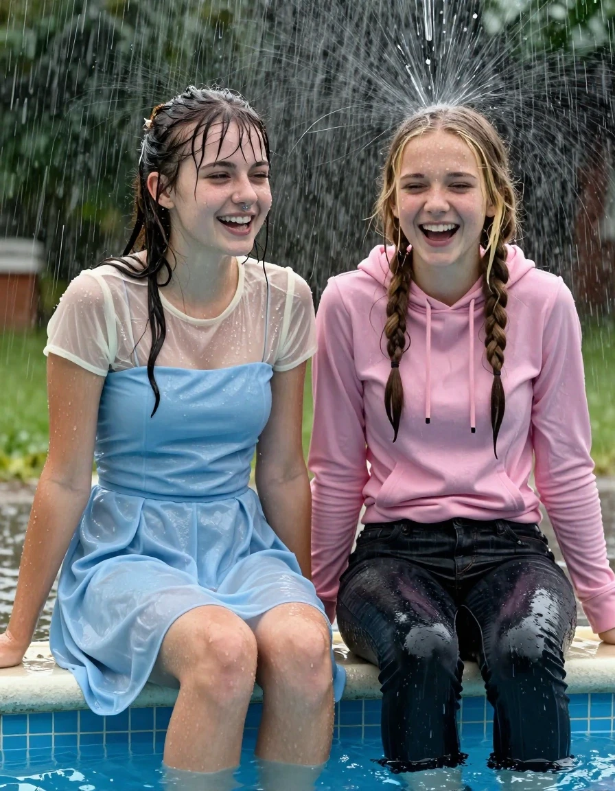 photo of young woman, in soaking wet, drenched clothes,
, , casual wear, 2 girls sitting on the edge of the pool while it pours water on them during a heavy storm, 
enjoying, wet clothes stuck to body,
detailed textures of the wet clothes, wet face, wet plastered hair,
wet, drenched, professional, high-quality details, full body view.
sharp focus, ultra-high pixel detail, realistic, high-quality, full colors, incredibly detailed, 4k, 8k, 16k, hyper-realistic, RAW photo, masterpiece, ultra-detailed, professionally color graded, professional photograph, 2 small college girls both having fun together. both similar age, a nineteen year old girl, a She has a wide square young face a very small chest, she is a pale brunette with a ponytail and bangs and a septum piercing, She is full of youthful energy, she is wearing a cream short sleeve see through sparkly undershirt underneath her formal thick pale blue strapless dress
 her dress has a flat front with a wider base.  Her friend has dark blonde hair, she is wearing a tight fitted pink hoodie and dark wide jeans, her clothes darken from the water. She has a wide square face,, wet skin, wet clothes, damp fabric, wet skin, wet clothes, damp fabric, wet skin, wet clothes, damp fabric, wet skin, wet clothes, damp fabric, wet skin, wet clothes, damp fabric, wet skin, wet clothes, damp fabric, wet skin, wet clothes, damp fabric