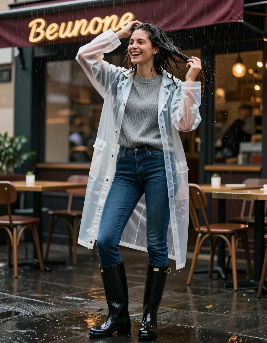 photo of young woman, in soaking wet, drenched clothes,
black rubber knee-high rain boots, slim-fit navy blue denim jeans clinging to skin, oversized translucent clear plastic raincoat over a thick heather gray knit sweater, outdoor street cafe frontage under a glowing neon sign at night, 
enjoying, wet clothes stuck to body,
detailed textures of the wet clothes, wet face, wet plastered hair,
wet, drenched, professional, high-quality details, full body view.
sharp focus, ultra-high pixel detail, realistic, high-quality, full colors, incredibly detailed, 4k, 8k, 16k, hyper-realistic, RAW photo, masterpiece, ultra-detailed, professionally color graded, professional photograph, woman laughing while shaking water from her hair, heavy rain pouring, cinematic lighting with reflective wet pavement, sharp fabric texture visible, rich natural colors, moderate contrast, 35mm medium shot, photographic lifestyle quality., wet skin, wet clothes, damp fabric