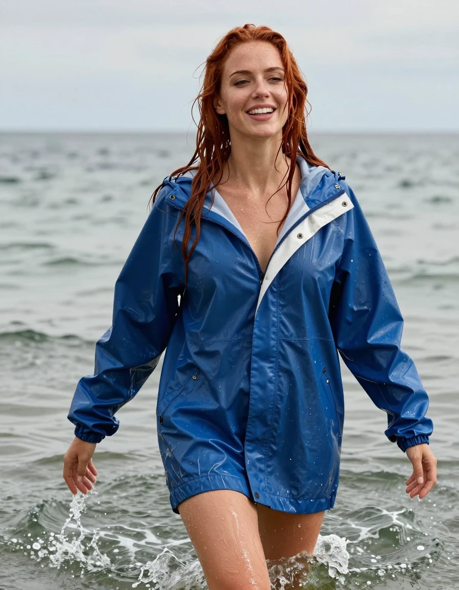 photo of young woman, in soaking wet, drenched clothes,
No socks , No underwear , Blue and white long  oversized trespass ultralight weight rainjacket. , In the sea soaking wet.  . She just emerged from the water soaking wet , 
enjoying, wet clothes stuck to body,
detailed textures of the wet clothes, wet face, wet plastered hair,
wet, drenched, professional, high-quality details, full body view.
sharp focus, ultra-high pixel detail, realistic, high-quality, full colors, incredibly detailed, 4k, 8k, 16k, hyper-realistic, RAW photo, masterpiece, ultra-detailed, professionally color graded, professional photograph, Her long red  hair is soaking wet .  Her clothes are soaking wet and cling to wet busty form. She's very aroused and happy, wet skin, wet clothes, damp fabric