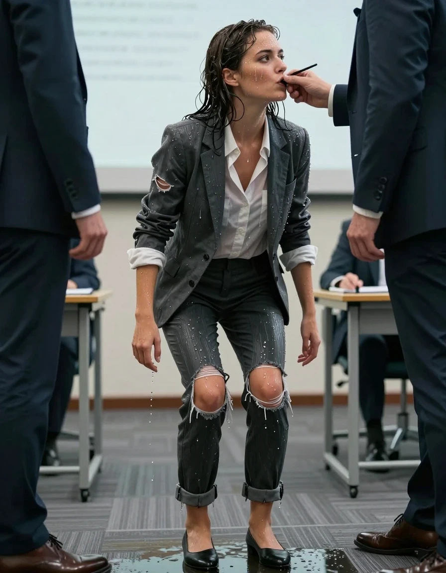 photo of young woman, in soaking wet, drenched clothes,
Shoes, Ripped office trousers, Ripped office shirt and ripped jacket, Office seminar, 
enjoying, wet clothes stuck to body,
detailed textures of the wet clothes, wet face, wet plastered hair,
wet, drenched, professional, high-quality details, full body view.
sharp focus, ultra-high pixel detail, realistic, high-quality, full colors, incredibly detailed, 4k, 8k, 16k, hyper-realistic, RAW photo, masterpiece, ultra-detailed, professionally color graded, professional photograph, Kissing two colleagues, wet skin, wet clothes, damp fabric