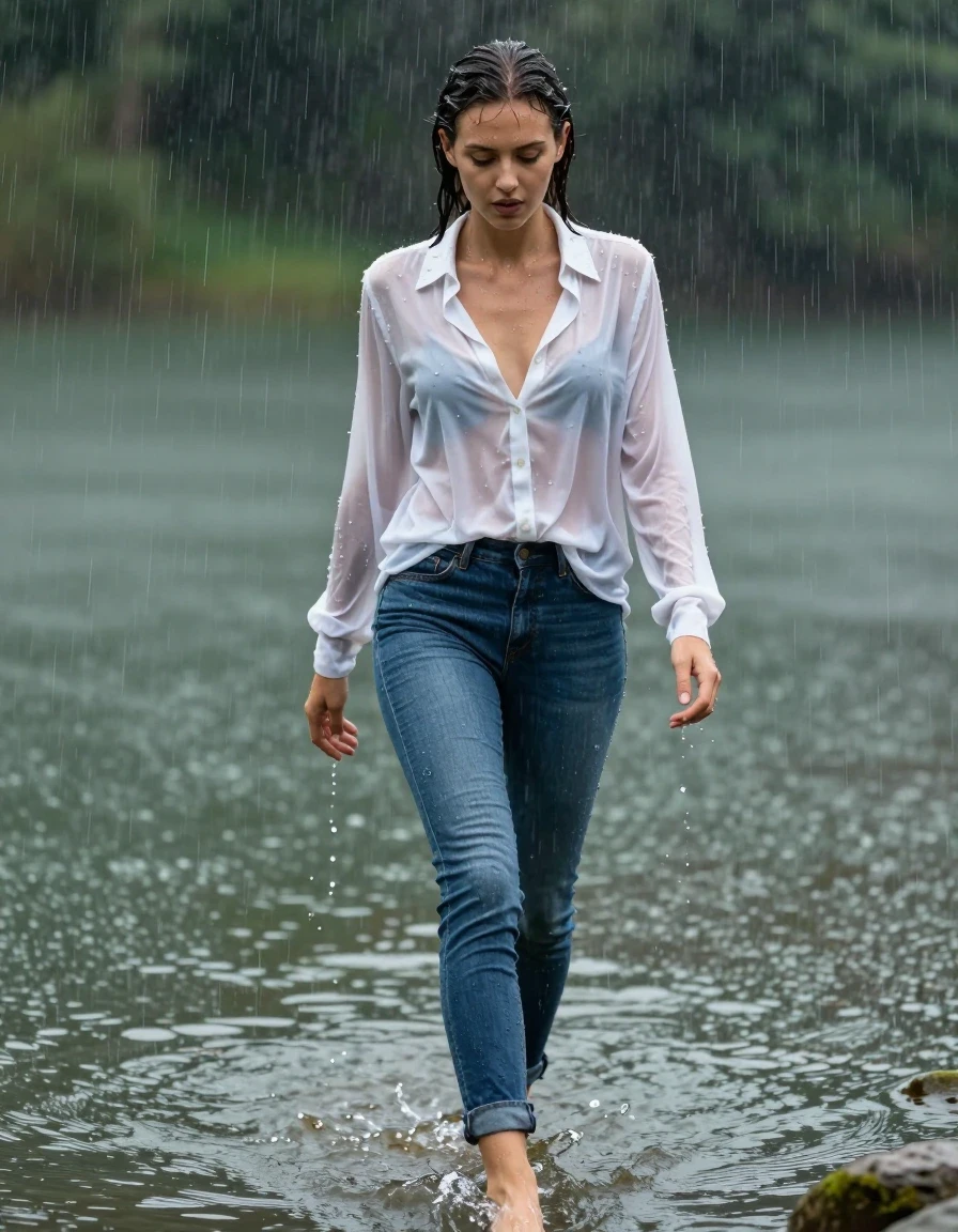 photo of young woman, in soaking wet, drenched clothes,
high-heels, blue jeans, white silk blouse, no underwear, see-through, walking in the lake, 
enjoying, wet clothes stuck to body,
detailed textures of the wet clothes, wet face, wet plastered hair,
wet, drenched, professional, high-quality details, full body view.
sharp focus, ultra-high pixel detail, realistic, high-quality, full colors, incredibly detailed, 4k, 8k, 16k, hyper-realistic, RAW photo, masterpiece, ultra-detailed, professionally color graded, professional photograph, heavy rain, completely soaked, drenched, dripping wet, wet skin, wet clothes, damp fabric