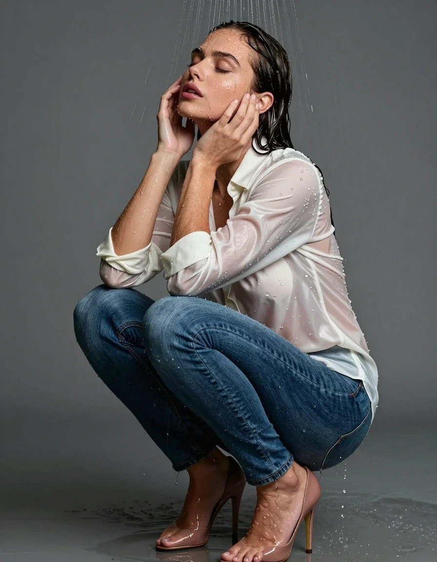 photo of young woman, in soaking wet, drenched clothes,
high-heels, blue jeans, white satin blouse, shower, 
enjoying, wet clothes stuck to body,
detailed textures of the wet clothes, wet face, wet plastered hair,
wet, drenched, professional, high-quality details, full body view.
sharp focus, ultra-high pixel detail, realistic, high-quality, full colors, incredibly detailed, 4k, 8k, 16k, hyper-realistic, RAW photo, masterpiece, ultra-detailed, professionally color graded, professional photograph, wet skin, wet clothes, damp fabric