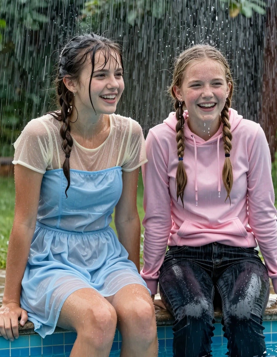 photo of young woman, in soaking wet, drenched clothes,
, , casual wear, 2 girls sitting on the edge of the pool while it pours water on them during a heavy storm, 
enjoying, wet clothes stuck to body,
detailed textures of the wet clothes, wet face, wet plastered hair,
wet, drenched, professional, high-quality details, full body view.
sharp focus, ultra-high pixel detail, realistic, high-quality, full colors, incredibly detailed, 4k, 8k, 16k, hyper-realistic, RAW photo, masterpiece, ultra-detailed, professionally color graded, professional photograph, 2 small college girls both having fun together. both similar age, a nineteen year old girl, a She has a wide square young face a very small chest, she is a pale brunette with a ponytail and bangs and a septum piercing, She is full of youthful energy, she is wearing a cream short sleeve see through sparkly undershirt underneath her formal thick pale blue strapless dress
 her dress has a flat front with a wider base.  Her friend has dark blonde hair, she is wearing a tight fitted pink hoodie and dark wide jeans, her clothes darken from the water. She has a wide square face,, wet skin, wet clothes, damp fabric, wet skin, wet clothes, damp fabric, wet skin, wet clothes, damp fabric, wet skin, wet clothes, damp fabric, wet skin, wet clothes, damp fabric, wet skin, wet clothes, damp fabric, wet skin, wet clothes, damp fabric