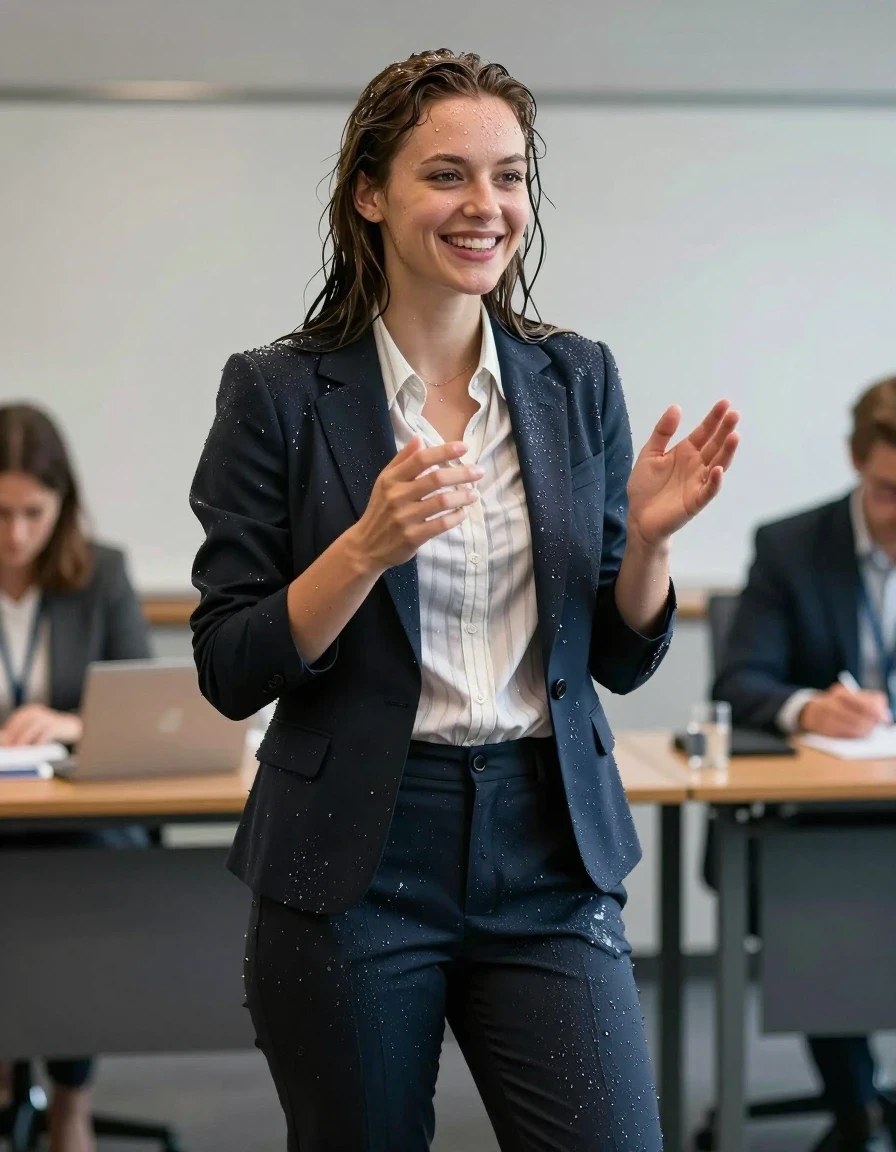 photo of young woman, in soaking wet, drenched clothes,
Shoes , Office trousers, Striped shirt and jacket, Speech in conference, 
enjoying, wet clothes stuck to body,
detailed textures of the wet clothes, wet face, wet plastered hair,
wet, drenched, professional, high-quality details, full body view.
sharp focus, ultra-high pixel detail, realistic, high-quality, full colors, incredibly detailed, 4k, 8k, 16k, hyper-realistic, RAW photo, masterpiece, ultra-detailed, professionally color graded, professional photograph, Smiling, wet skin, wet clothes, damp fabric