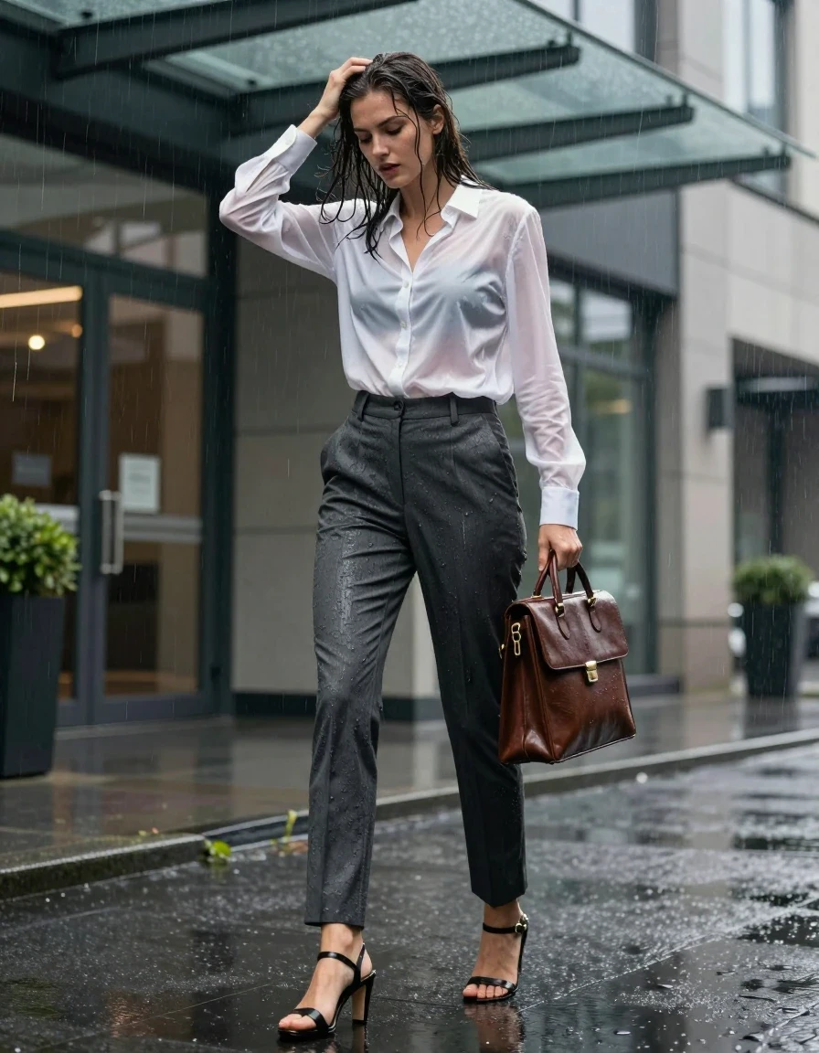 A photorealistic medium full-body lifestyle photograph of a young adult European woman standing under the glass overhang of a modern corporate office building entrance during a heavy downpour. She is wearing a crisp white silk button-down blouse that is completely soaked, translucent, and clinging to her skin, and tailored charcoal grey wool trousers that are drenched, heavy with water, and clinging to her legs. She wears strappy black leather heeled sandals. The woman is captured in a frantic moment, smoothing her wet, saturated hair back from her face with one hand while clutching a professional leather briefcase firmly against her side. Heavy rain is visible in the background, creating a moody, cinematic street atmosphere. The image features rich natural colors, balanced bright exposure, moderate contrast, and softly lifted shadows, with high-detail wet skin, water-saturated fabrics showing dark, heavy folds and realistic clinging textures, and a natural, candid appearance. The scene is sharp, clear, and professional, avoiding all nudity, lingerie, underwear, dryness, blur, distortion, cartoons, illustrations, low resolution, makeup smears, artificial lighting, or posed stiffness.