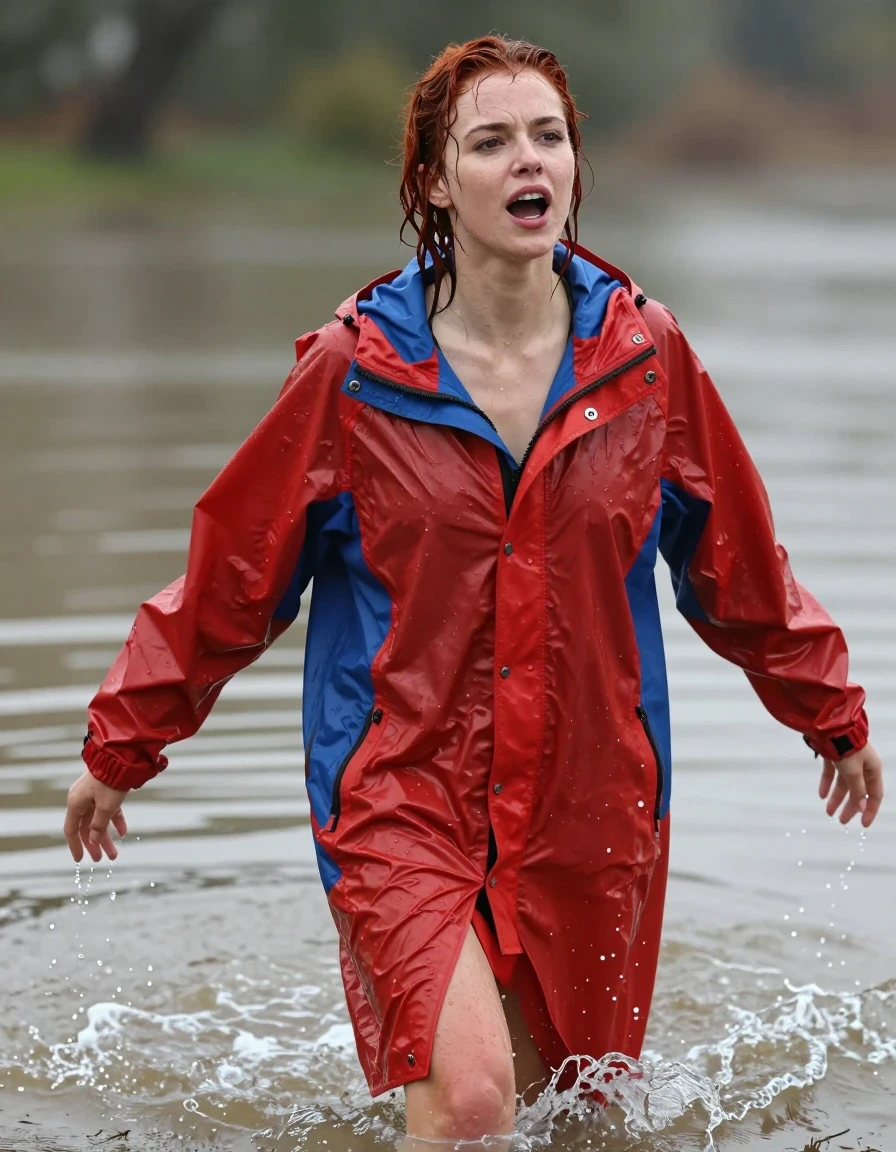 photo of young woman, in soaking wet, drenched clothes,
No socks , No underwear , Red and blue long thin  oversized trespass ultralight weight rainjacket. , In the flood soaking wet   . She just emerged from the water soaking wet .  , 
enjoying, wet clothes stuck to body,
detailed textures of the wet clothes, wet face, wet plastered hair,
wet, drenched, professional, high-quality details, full body view.
sharp focus, ultra-high pixel detail, realistic, high-quality, full colors, incredibly detailed, 4k, 8k, 16k, hyper-realistic, RAW photo, masterpiece, ultra-detailed, professionally color graded, professional photograph, Her  red  hair is soaking wet and dripping with water. Her hair slicked back.  Her clothes are soaking wet . She's very aroused and happy, wet skin, wet clothes, damp fabric