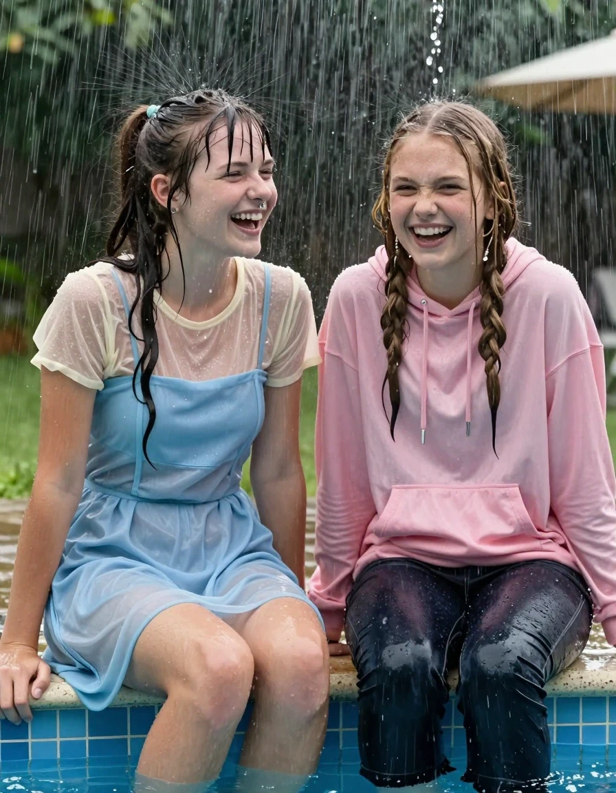 photo of young woman, in soaking wet, drenched clothes,
, , casual wear, 2 girls sitting on the edge of the pool while it pours water on them during a heavy storm, 
enjoying, wet clothes stuck to body,
detailed textures of the wet clothes, wet face, wet plastered hair,
wet, drenched, professional, high-quality details, full body view.
sharp focus, ultra-high pixel detail, realistic, high-quality, full colors, incredibly detailed, 4k, 8k, 16k, hyper-realistic, RAW photo, masterpiece, ultra-detailed, professionally color graded, professional photograph, 2 small college girls both having fun together. both similar age, a nineteen year old girl, a She has a wide square young face a very small chest, she is a pale brunette with a ponytail and bangs and a septum piercing, She is full of youthful energy, she is wearing a cream short sleeve see through sparkly undershirt underneath her formal thick pale blue strapless dress
 her dress has a flat front with a wider base.  Her friend has dark blonde hair, she is wearing a pink long sleeve top with a hood and front pockets and dark wide jeans, her clothes darken from the water. She has a wide square face,, wet skin, wet clothes, damp fabric, wet skin, wet clothes, damp fabric, wet skin, wet clothes, damp fabric, wet skin, wet clothes, damp fabric, wet skin, wet clothes, damp fabric, wet skin, wet clothes, damp fabric, wet skin, wet clothes, damp fabric