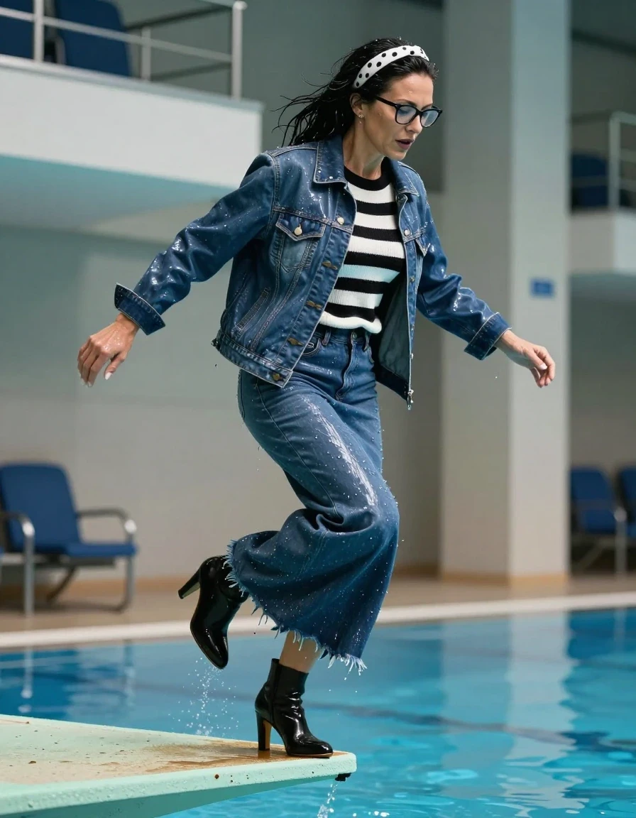 photo of young woman, in soaking wet, drenched clothes,
high-heeled boots, maxi blue shiny flared denim skirt, long black & white striped shiny sweater, maxi blue shiny denim jacker, jumping from the diving board into the water of the indoor pool, 
enjoying, wet clothes stuck to body,
detailed textures of the wet clothes, wet face, wet plastered hair,
wet, drenched, professional, high-quality details, full body view.
sharp focus, ultra-high pixel detail, realistic, high-quality, full colors, incredibly detailed, 4k, 8k, 16k, hyper-realistic, RAW photo, masterpiece, ultra-detailed, professionally color graded, professional photograph, europen brunette skinny woman 50 years old, long dark black hair, white polka-dot headband, office glasses, very big and thick lips, complete body, wet skin, wet clothes, damp fabric, wet skin, wet clothes, damp fabric, wet skin, wet clothes, damp fabric, wet skin, wet clothes, damp fabric, wet skin, wet clothes, damp fabric, wet skin, wet clothes, damp fabric, wet skin, wet clothes, damp fabric