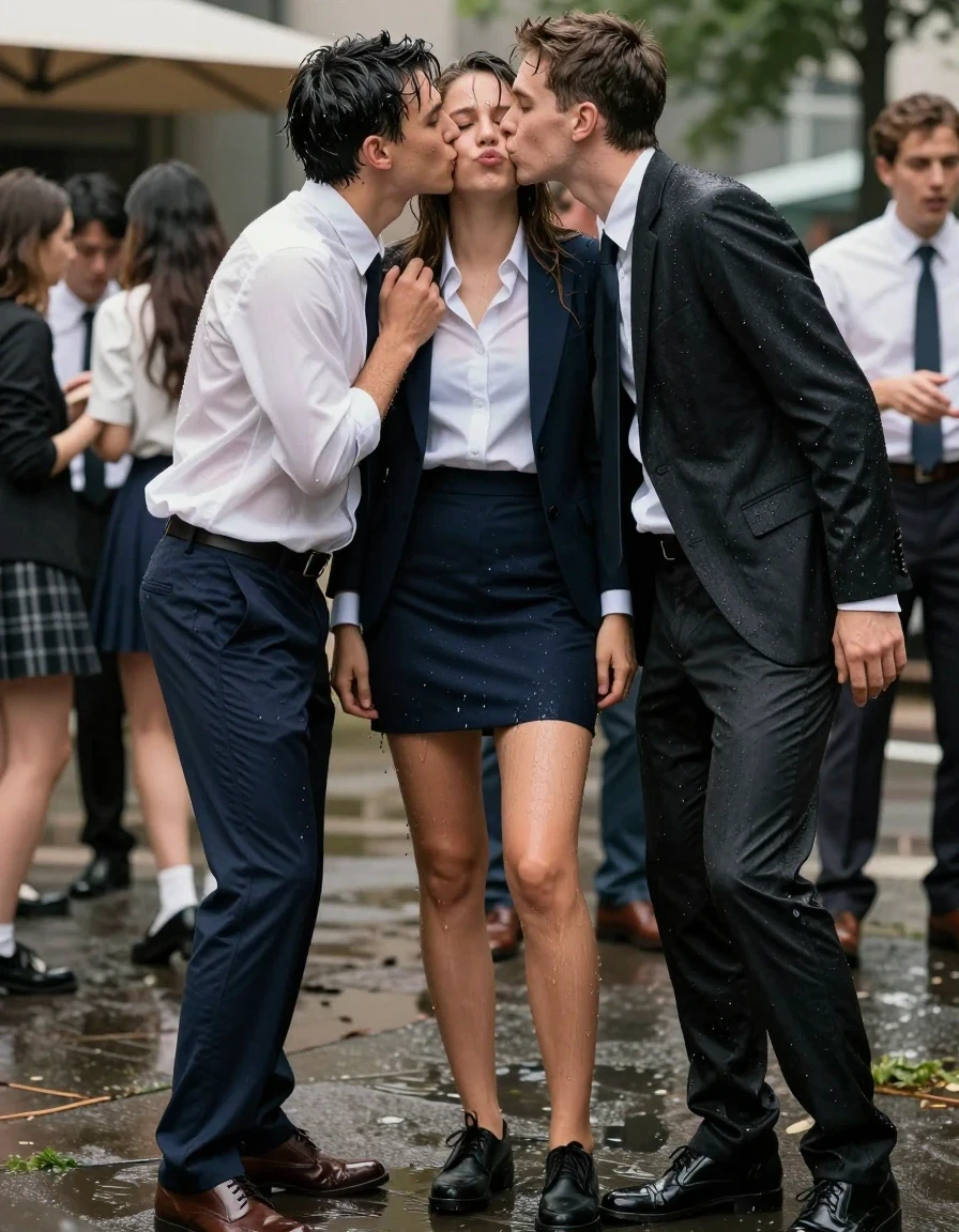 photo of young woman, in soaking wet, drenched clothes,
Shoes, Skirt or trousers, Office shirt and jacket, Student party, 
enjoying, wet clothes stuck to body,
detailed textures of the wet clothes, wet face, wet plastered hair,
wet, drenched, professional, high-quality details, full body view.
sharp focus, ultra-high pixel detail, realistic, high-quality, full colors, incredibly detailed, 4k, 8k, 16k, hyper-realistic, RAW photo, masterpiece, ultra-detailed, professionally color graded, professional photograph, Kissing two guys, wet skin, wet clothes, damp fabric