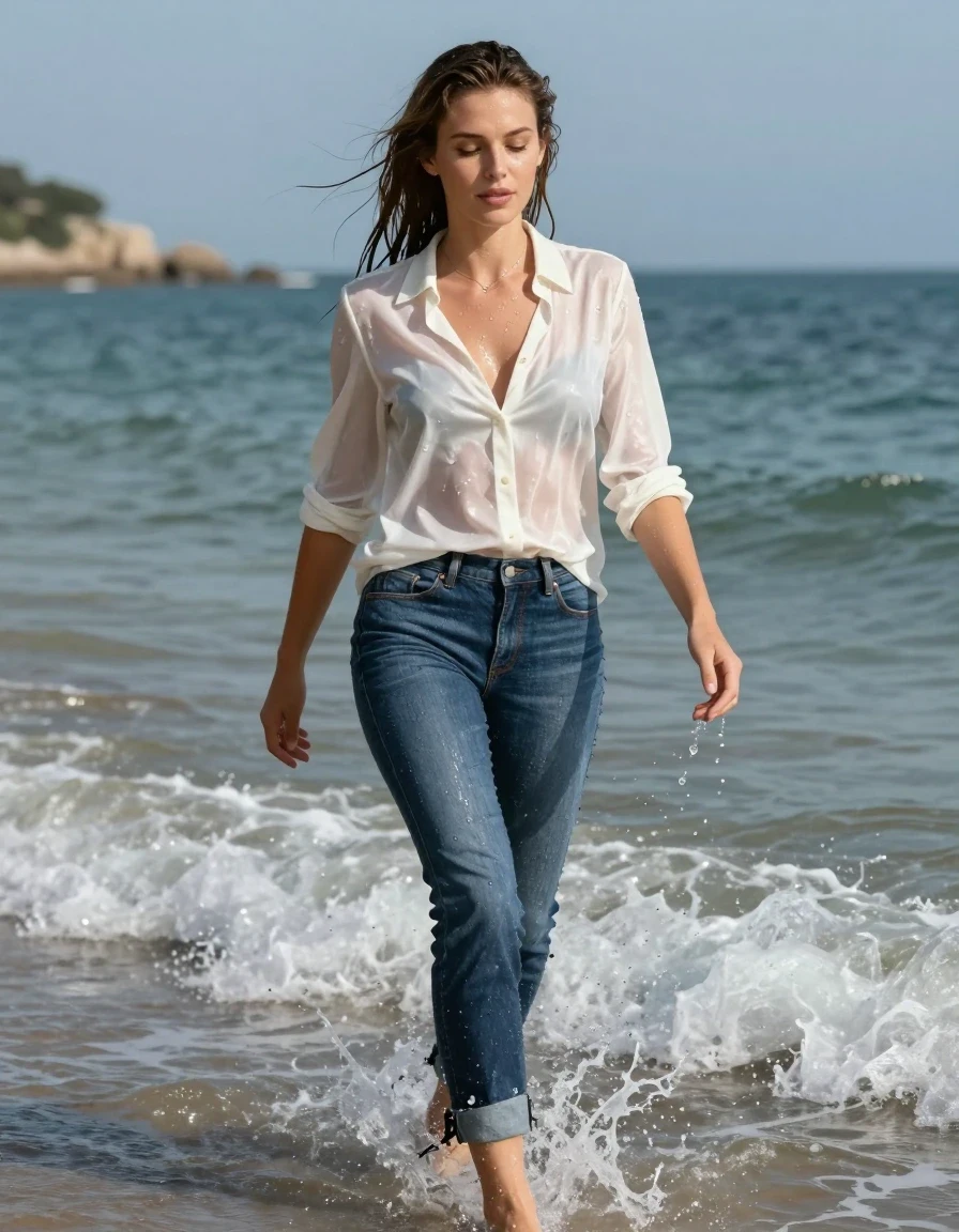 photo of young woman, in soaking wet, drenched clothes,
high-heels, blue jeans, white silk blouse, wading through the surf, 
enjoying, wet clothes stuck to body,
detailed textures of the wet clothes, wet face, wet plastered hair,
wet, drenched, professional, high-quality details, full body view.
sharp focus, ultra-high pixel detail, realistic, high-quality, full colors, incredibly detailed, 4k, 8k, 16k, hyper-realistic, RAW photo, masterpiece, ultra-detailed, professionally color graded, professional photograph, wet skin, wet clothes, damp fabric
