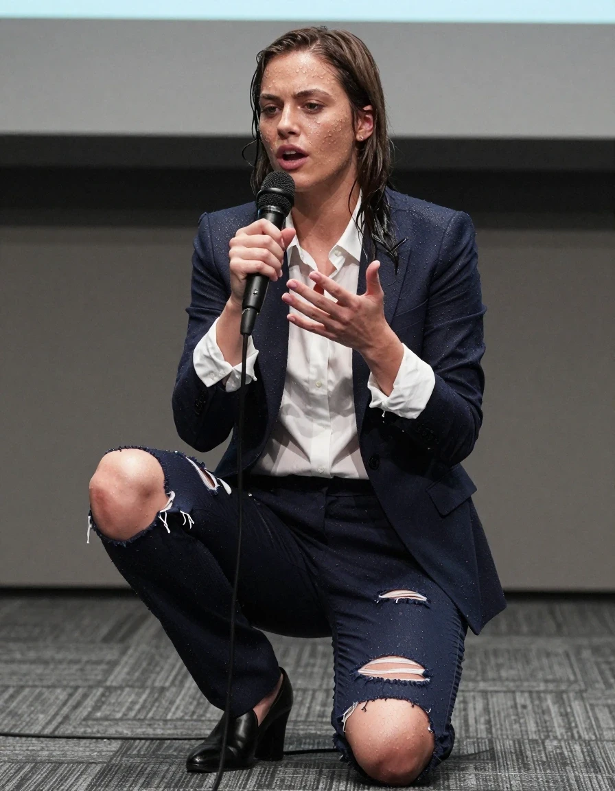 photo of young woman, in soaking wet, drenched clothes,
Shoes, Ripped office trousers, Ripped office shirt and ripped jacket, Speech at conference , 
enjoying, wet clothes stuck to body,
detailed textures of the wet clothes, wet face, wet plastered hair,
wet, drenched, professional, high-quality details, full body view.
sharp focus, ultra-high pixel detail, realistic, high-quality, full colors, incredibly detailed, 4k, 8k, 16k, hyper-realistic, RAW photo, masterpiece, ultra-detailed, professionally color graded, professional photograph, Stripping, wet skin, wet clothes, damp fabric