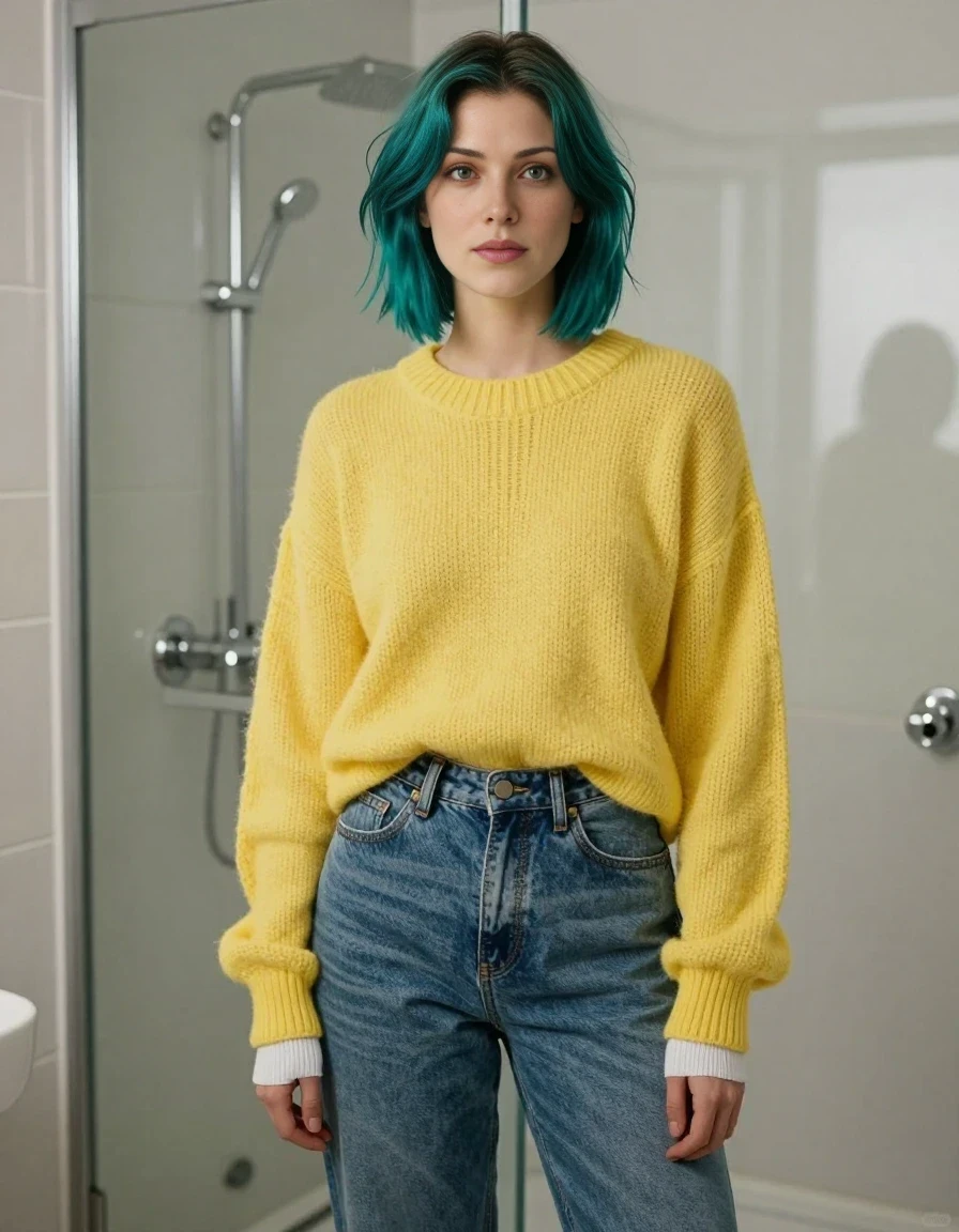 A realistic medium-shot photograph of a 24-year-old non-binary person with shoulder-length teal hair in an asymmetrical bob, golden-brown skin, and amber eyes. They are standing in a modern bathroom right next to a glass-enclosed shower, wearing an oversized, loose-knit yellow mohair sweater, high-waisted baggy denim jeans, and simple white cotton socks. They have a shy, curious, and slightly nervous expression while looking toward the camera. The lighting is bright and clean, emphasizing the texture of the mohair sweater and the soft cotton of the socks. High quality, cinematic, 8k resolution.