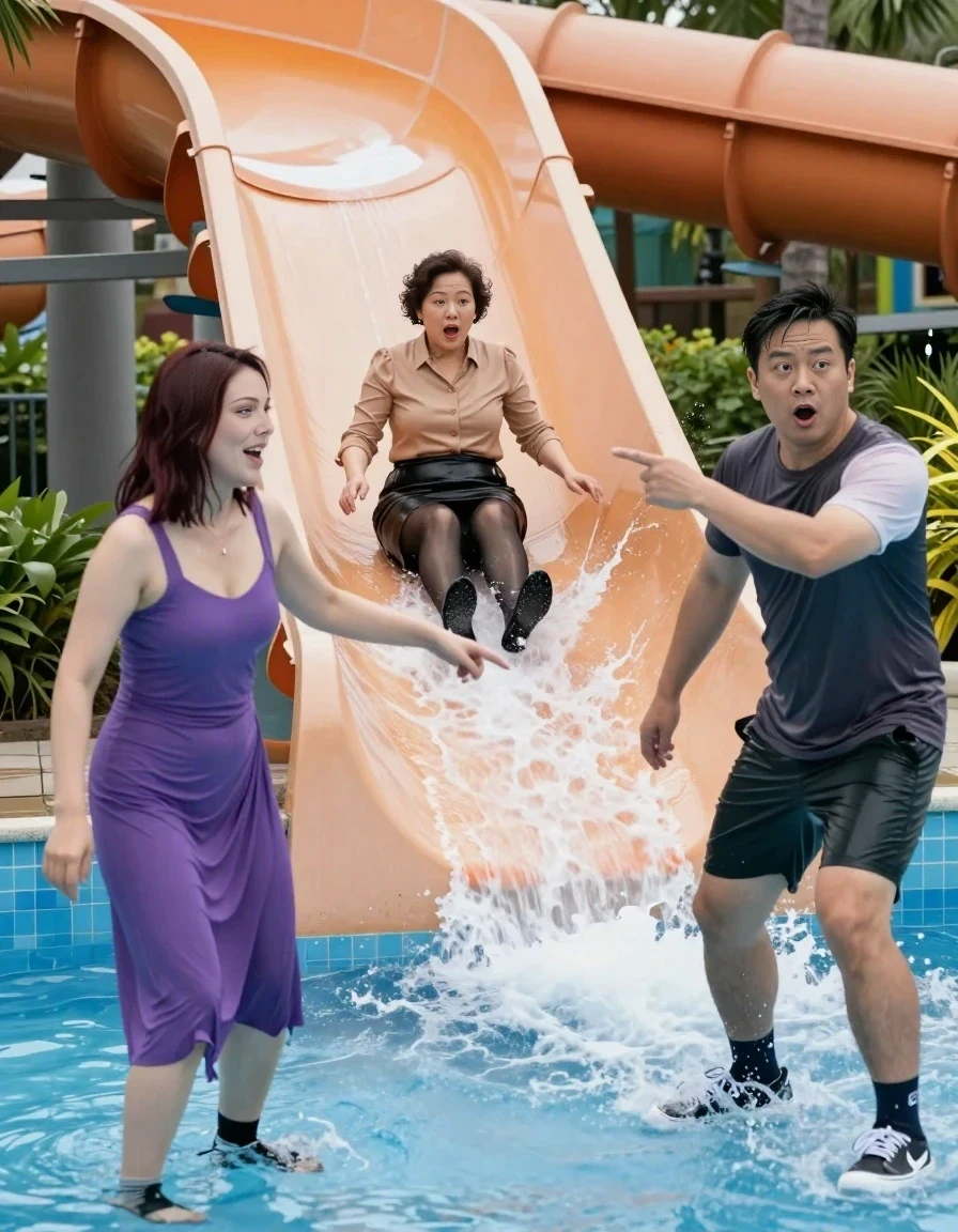 A realistic vertical photograph at a water theme park. In the background, a 50-year-old Asian woman wearing a tan blouse, black skirt, dark pantyhose, and black heels is sliding down a large water slide, looking surprised. In the foreground on the left, an adult woman with shoulder-length dark auburn hair wearing a long purple dress and black socks is pointing and laughing. On the right, a man wearing a t-shirt, shorts, socks, and sneakers is also pointing at the slide with a shocked expression. Everyone is completely soaked, water is splashing, bright daylight, high quality, 8k.