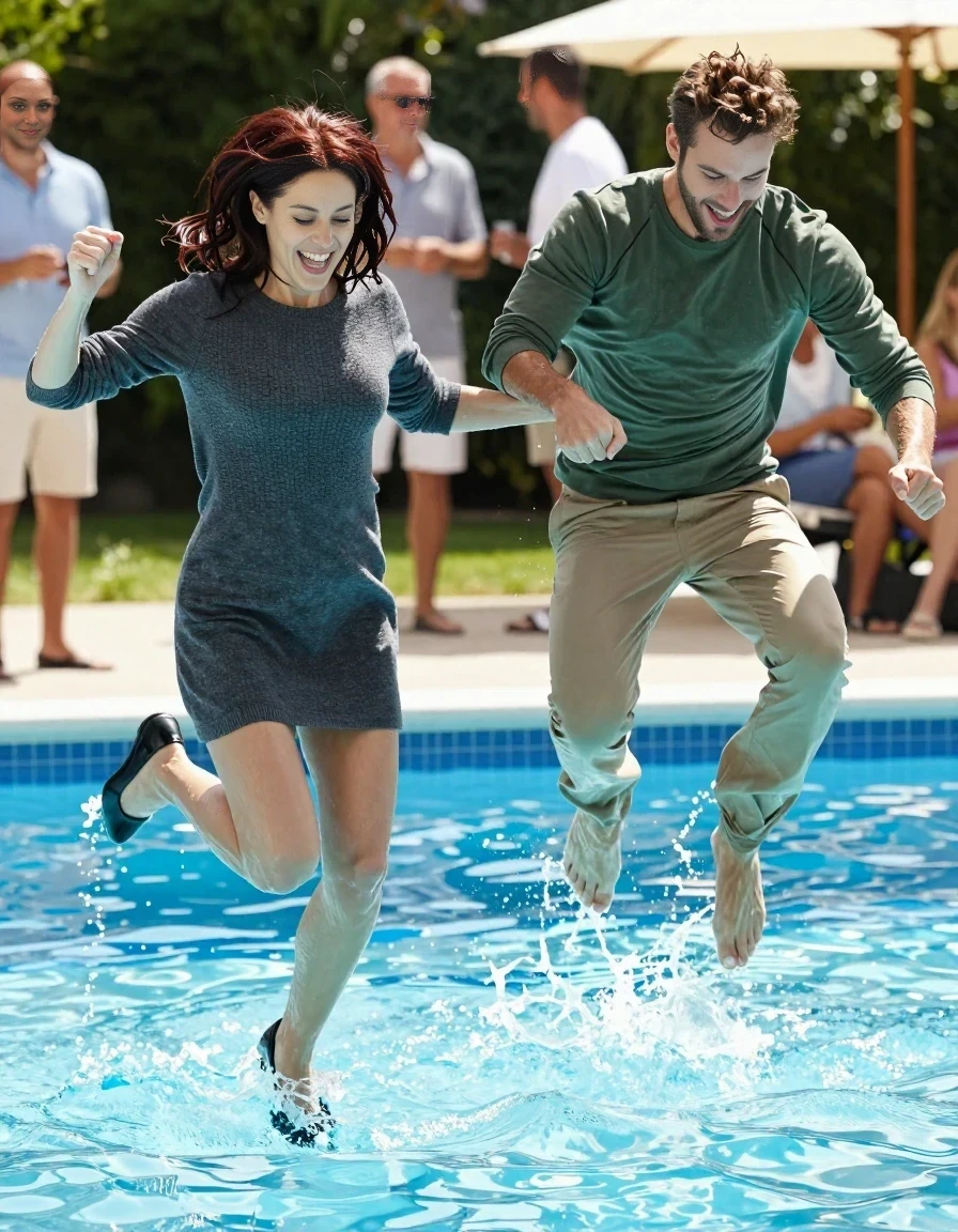 A realistic, high-quality photograph from the pool party. A 25-year-old woman with shoulder-length dark auburn hair and a man are mid-air, jumping into a sunlit swimming pool together, holding hands. The woman is wearing a charcoal gray long-sleeved sweater dress, black flats, and white lace socks. The man is wearing a green long-sleeved shirt and khaki pants. Their clothes are beginning to soak and billow as they hit the water. The setting is a bright, festive backyard pool party with other guests visible in the background. The mood is joyful, spontaneous, and energetic. Sharp focus on the couple's happy expressions, realistic water splashes, bright natural daylight.