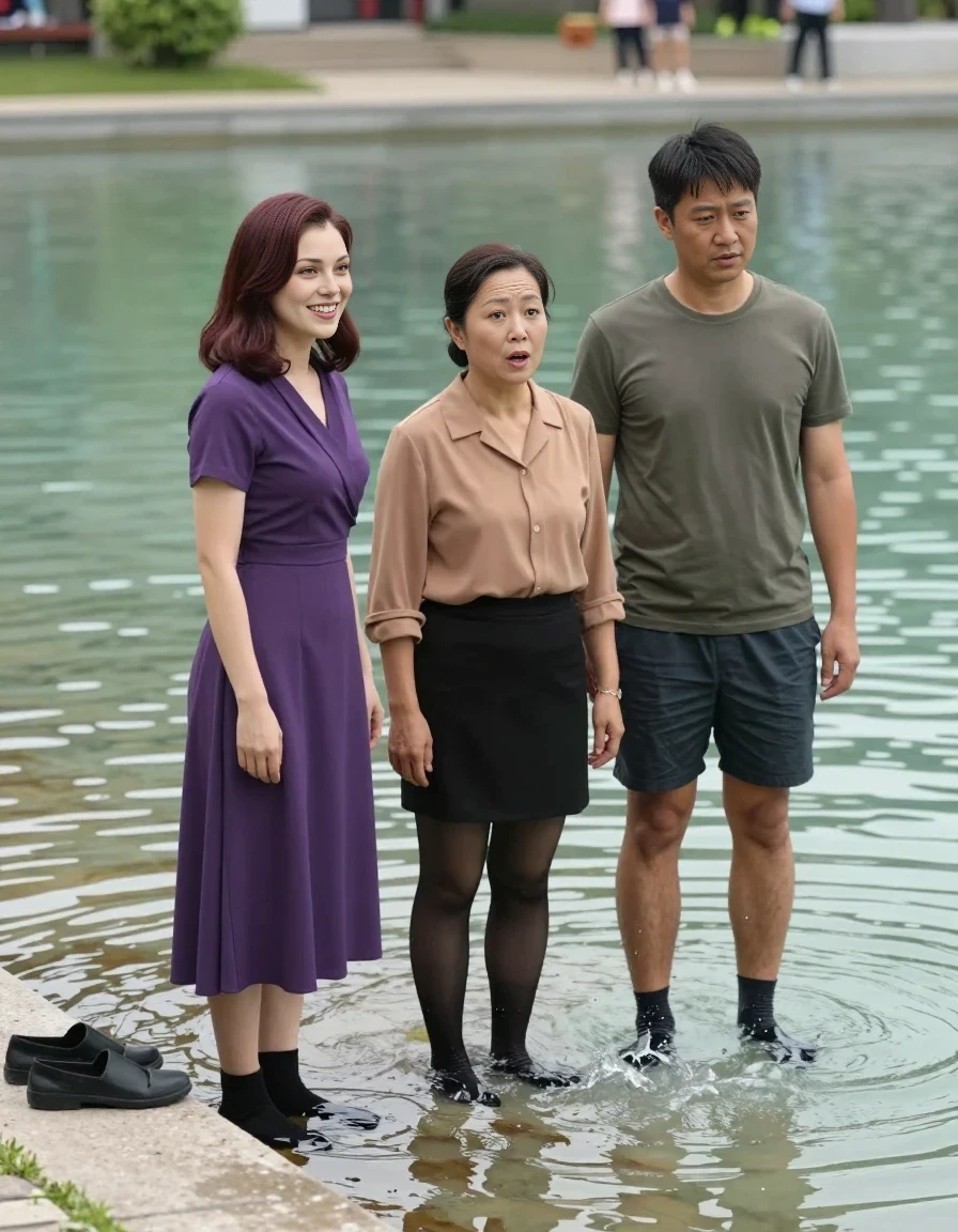 A realistic vertical photograph of three people standing in the shallow water of a park wading pool. On the left, an adult woman with shoulder-length dark auburn hair wearing a long purple dress and black socks, smiling. In the middle, a 50-year-old Asian woman wearing a tan blouse, black skirt, and dark pantyhose, looking surprised. On the right, a man wearing shorts, a t-shirt, and socks. Their shoes are left on the dry concrete edge nearby. The water is clear, bright daylight, splashing ripples around their feet, high quality, 8k.
