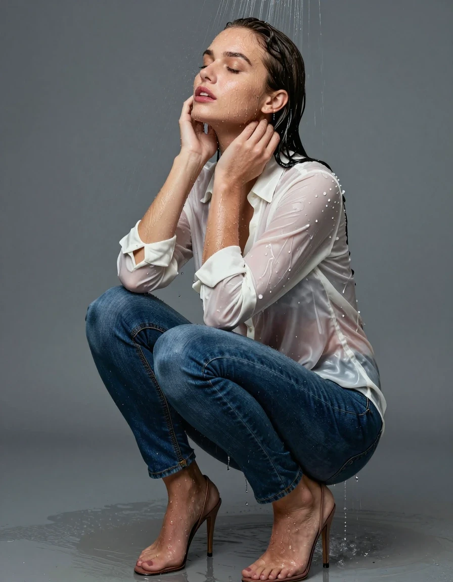 photo of young woman, in soaking wet, drenched clothes,
high-heels, blue jeans, white satin blouse, shower, 
enjoying, wet clothes stuck to body,
detailed textures of the wet clothes, wet face, wet plastered hair,
wet, drenched, professional, high-quality details, full body view.
sharp focus, ultra-high pixel detail, realistic, high-quality, full colors, incredibly detailed, 4k, 8k, 16k, hyper-realistic, RAW photo, masterpiece, ultra-detailed, professionally color graded, professional photograph, wet skin, wet clothes, damp fabric