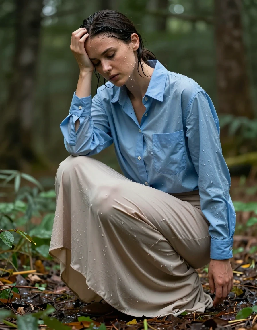 photo of young woman, in soaking wet, drenched clothes,
court shoes, beige floor-length excessively long skirt, oversized long-sleeved buttoned-down light blue shirt, forest, 
enjoying, wet clothes stuck to body,
detailed textures of the wet clothes, wet face, wet plastered hair,
wet, drenched, professional, high-quality details, full body view.
sharp focus, ultra-high pixel detail, realistic, high-quality, full colors, incredibly detailed, 4k, 8k, 16k, hyper-realistic, RAW photo, masterpiece, ultra-detailed, professionally color graded, professional photograph, letting herself get soaked, relieves stress, wet skin, wet clothes, damp fabric