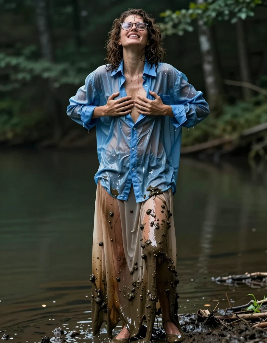 A stunningly realistic full-body shot of a young adult European woman with curly brunette hair and stylish glasses, standing at the edge of a serene forest lake. She is wearing an oversized, long-sleeved, light blue nylon button-down shirt that is completely unbuttoned and drenched, clinging to her skin with a high-gloss wet-look sheen, revealing deep blue saturated tones and heavy, clinging folds. Below, she wears an excessively long, floor-length beige skirt that is caked in thick, dark mud and soaked through with murky lake water, heavy with moisture and clinging to her legs. She is wearing classic court shoes, partially submerged in the muddy bank. The woman is captured in an intimate, expressive moment, massaging her breasts with her hands while her head is tilted back in a visceral, moaning expression. Her skin and hair are glistening with wetness, with droplets and water sheen reflecting the ambient forest light. The atmosphere is damp and moody, with high-contrast lighting highlighting the textures of the mud, the clinging wet nylon, and the translucent, water-drenched fabric. Photorealistic, 8k resolution, cinematic lighting, sharp focus on skin texture and fabric dampness.