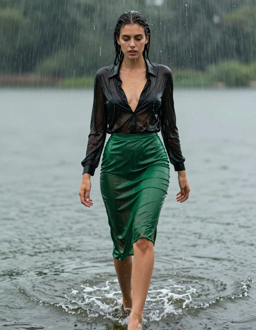 photo of young woman, in soaking wet, drenched clothes,
high-heels, see-through green satin silk slim floor-length skirt, tranparent, black silk blouse, no underwear, walking in the lake, 
enjoying, wet clothes stuck to body,
detailed textures of the wet clothes, wet face, wet plastered hair,
wet, drenched, professional, high-quality details, full body view.
sharp focus, ultra-high pixel detail, realistic, high-quality, full colors, incredibly detailed, 4k, 8k, 16k, hyper-realistic, RAW photo, masterpiece, ultra-detailed, professionally color graded, professional photograph, heavy rain, completely soaked, drenched, dripping wet, pouring wine over her head, wet skin, wet clothes, damp fabric